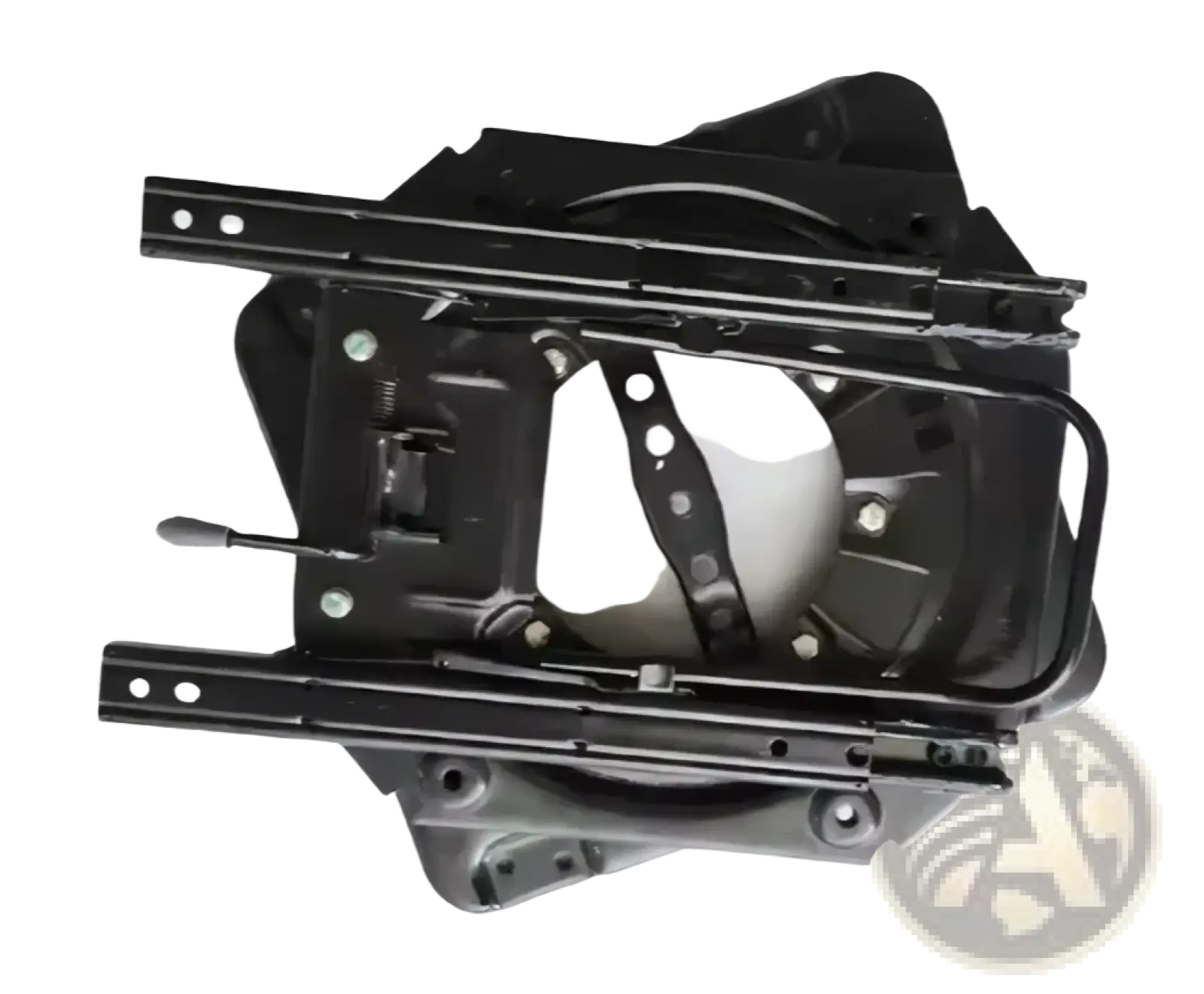 Black metal universal rv swivel seat base with white cushion insert and adjustable mounting brackets shown from back side