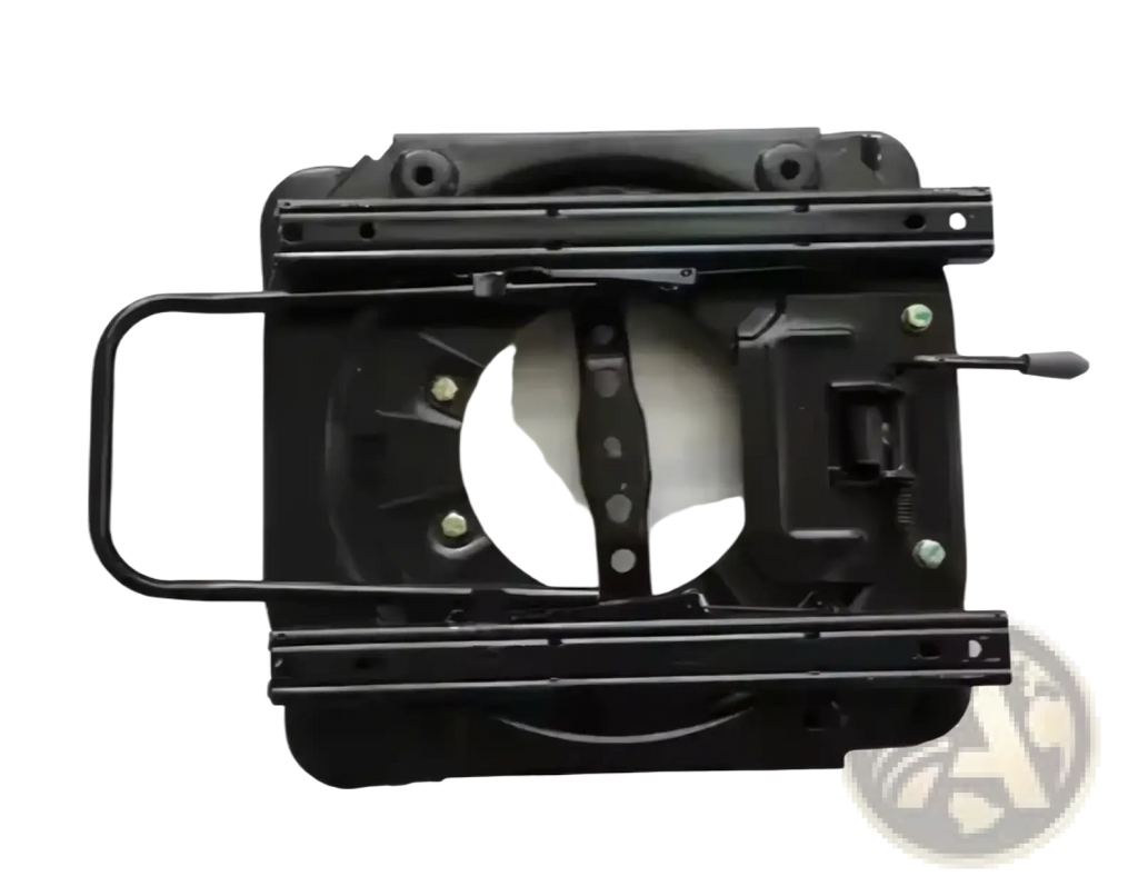 Black metal universal RV swivel seat base with circular cutout and mounting hardware shown from the back side