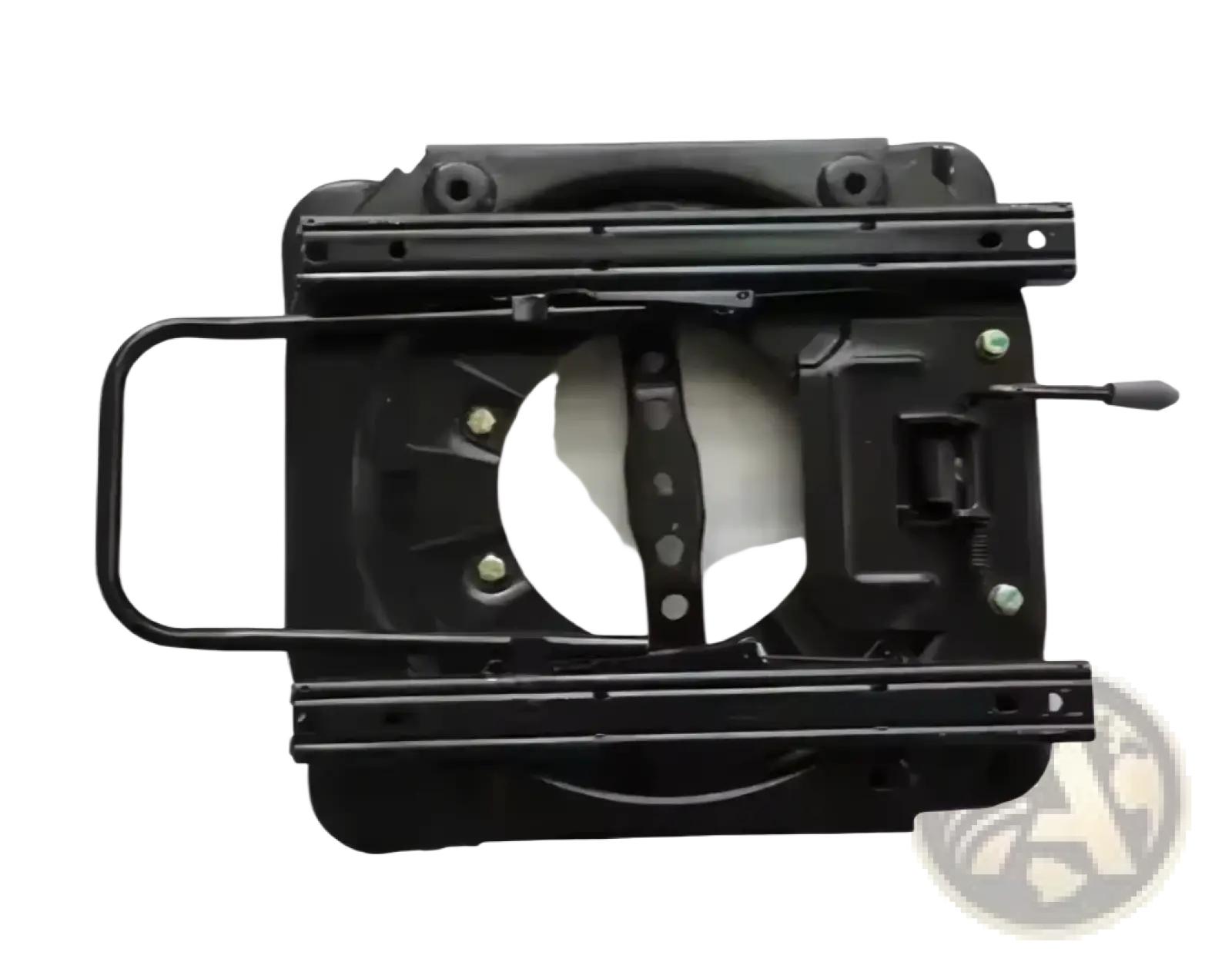 Black metal universal RV swivel seat base with circular cutout and mounting hardware shown from the back side