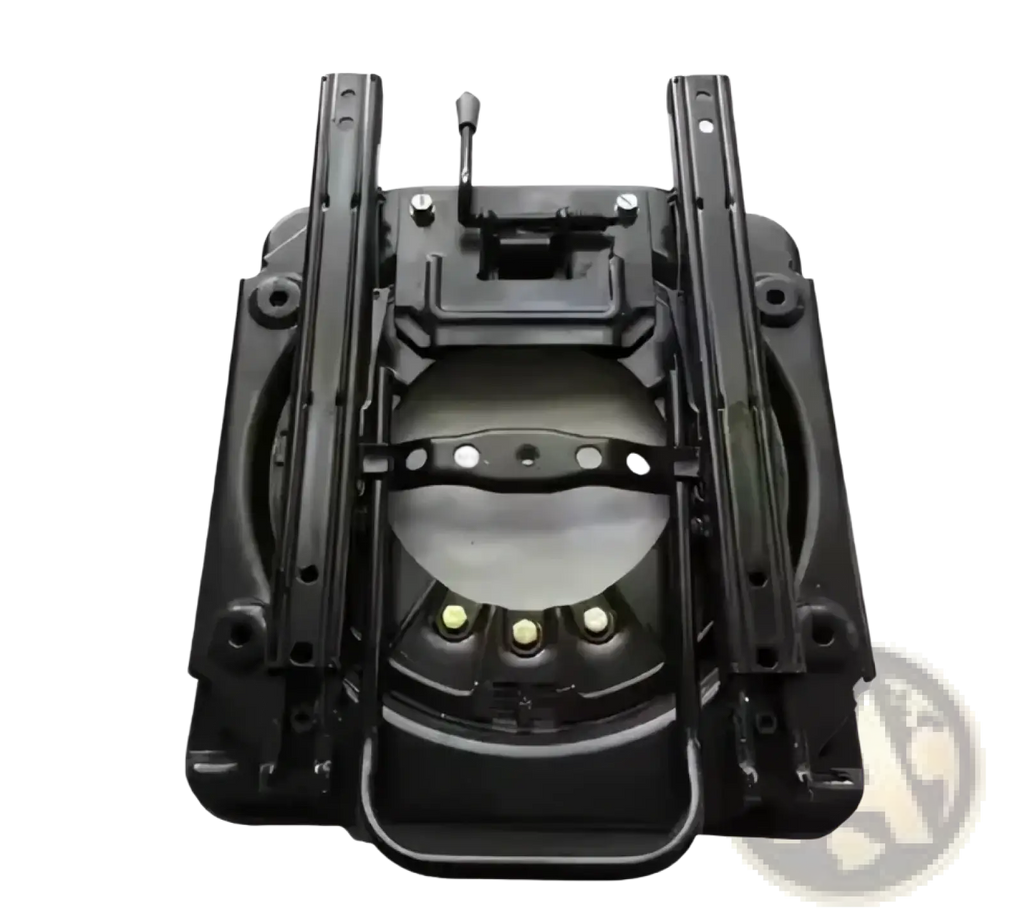 Black plastic universal rv swivel seat base with integrated mounting rails and central circular support structure