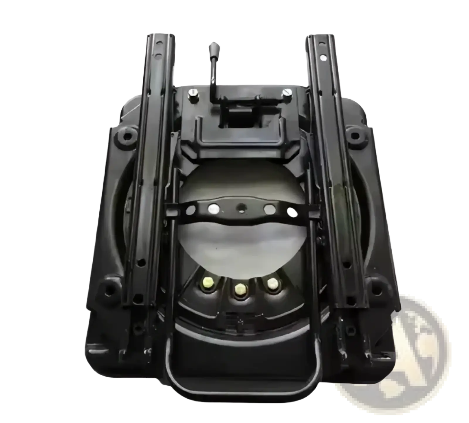 Black plastic universal rv swivel seat base with integrated mounting rails and central circular support structure