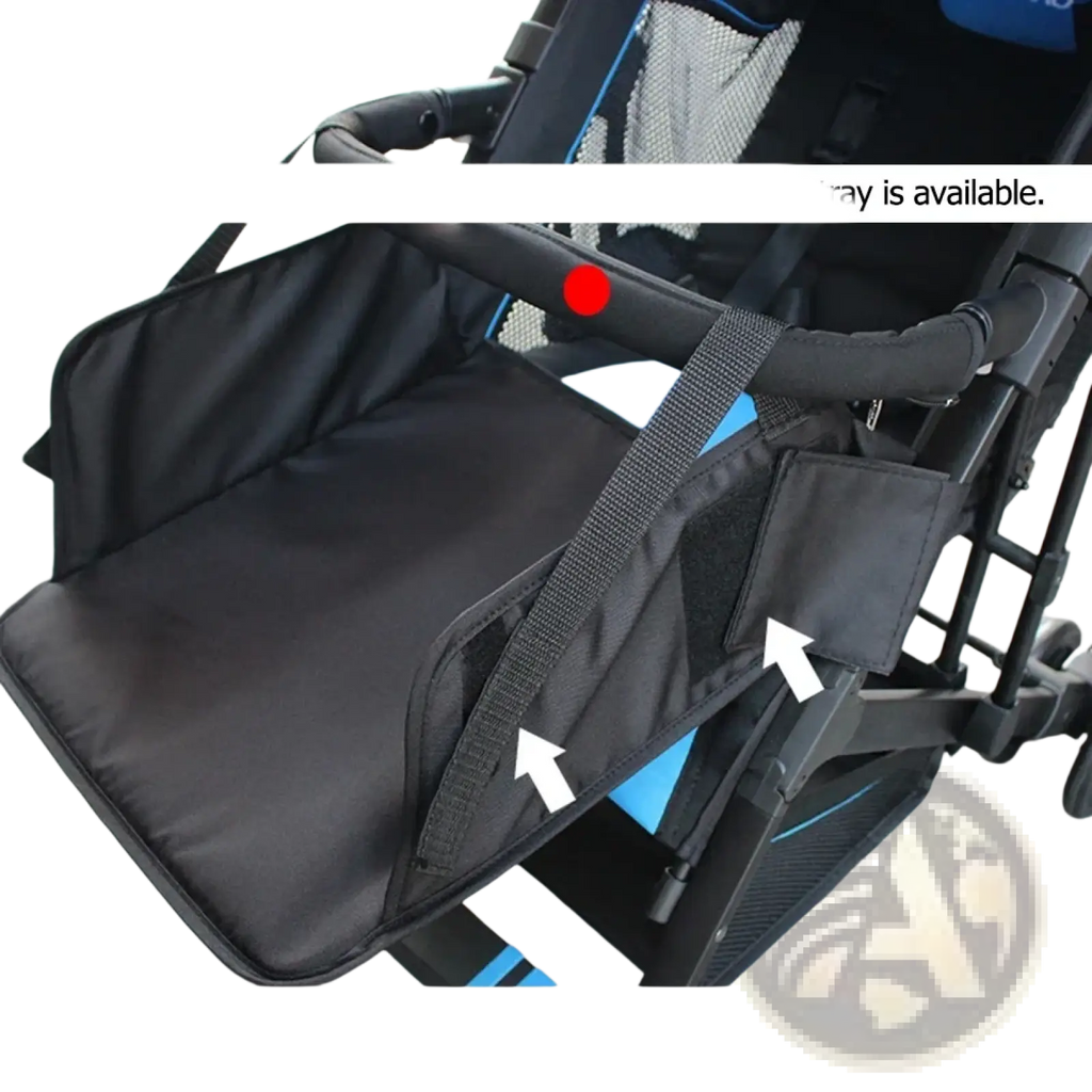 Black fabric universal stroller extension footrest with strap and small pocket attached to stroller frame