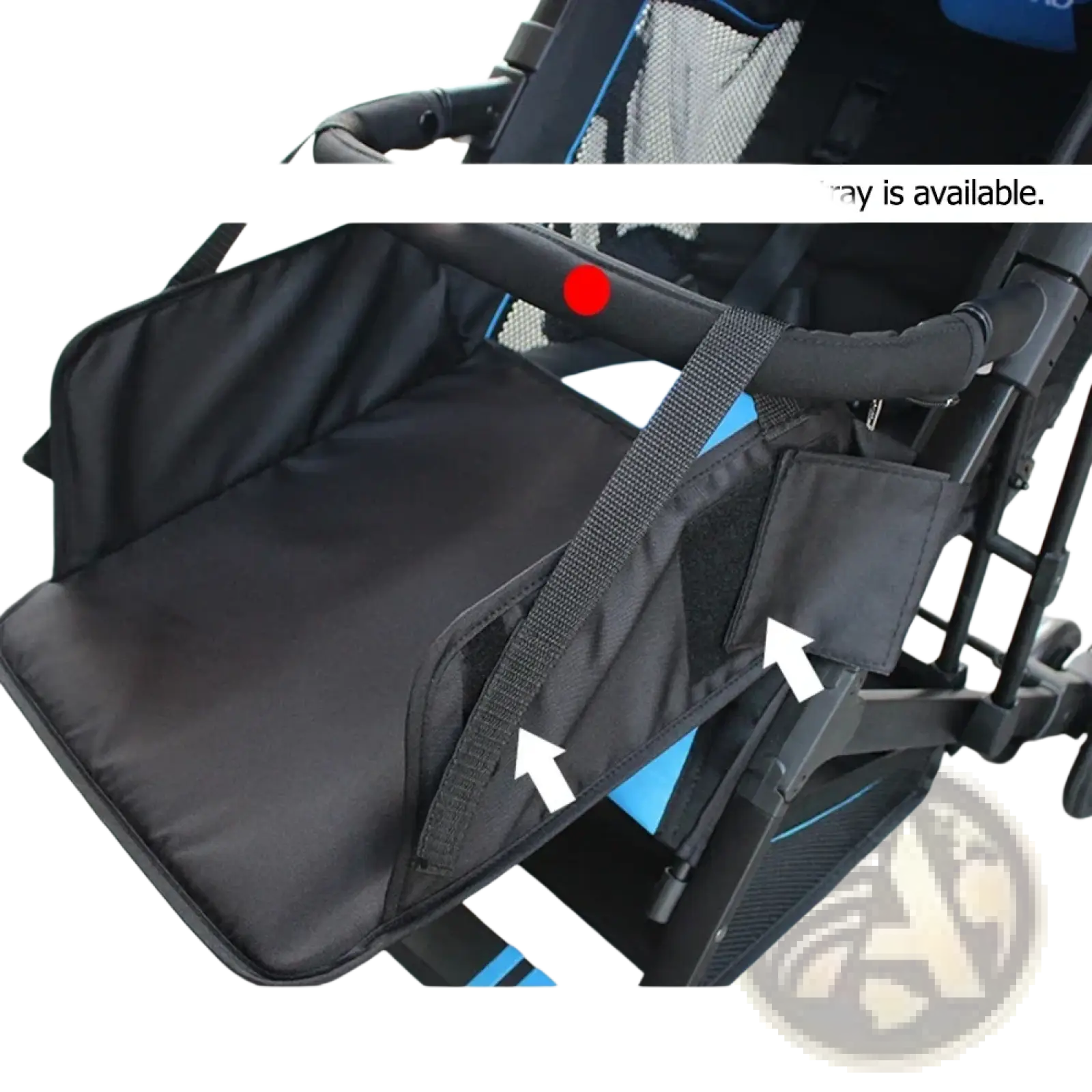 Black fabric universal stroller extension footrest with strap and small pocket attached to stroller frame