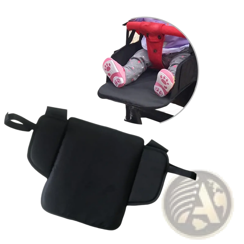 Black padded universal stroller extension footrest with side pockets and adjustable straps for infant use