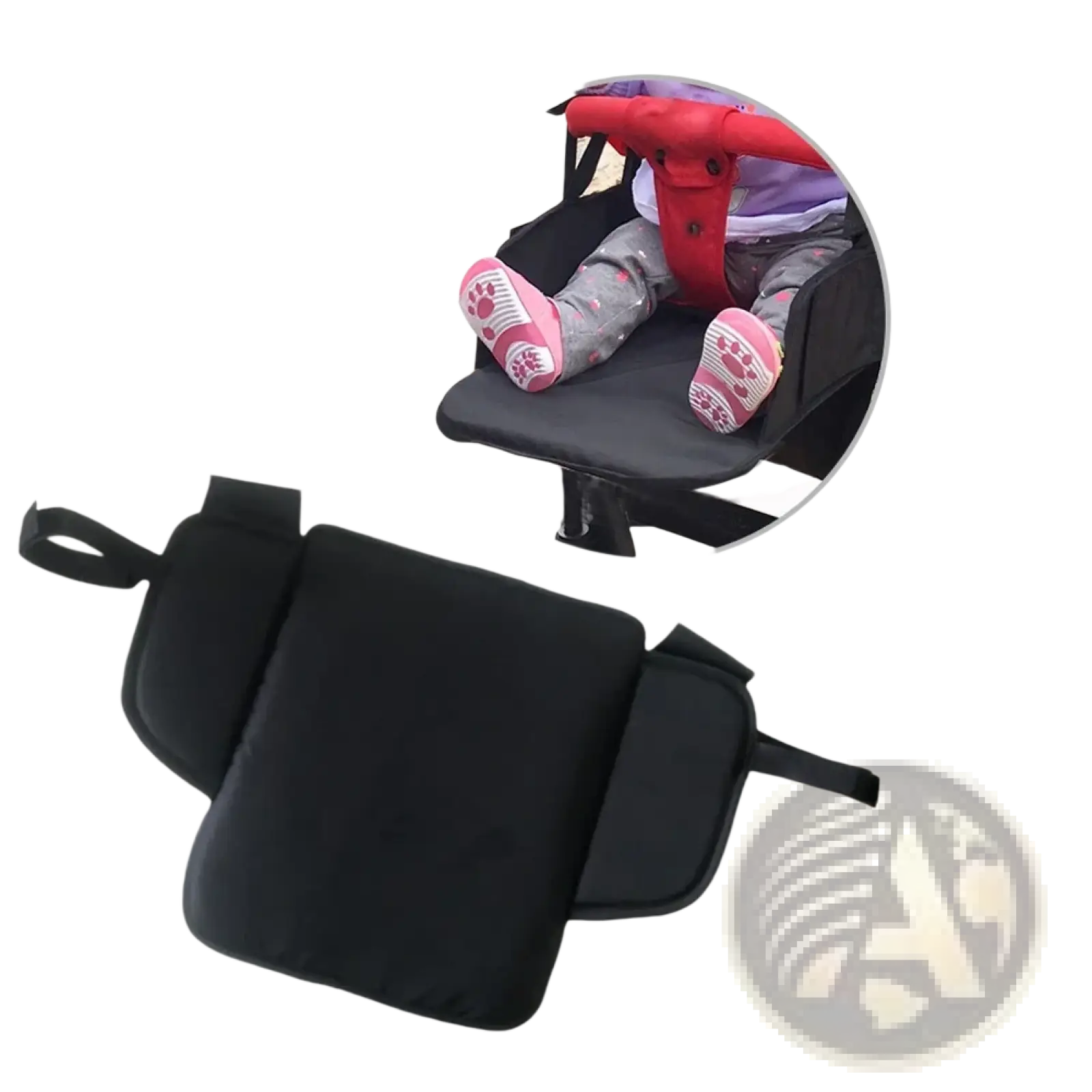 Black padded universal stroller extension footrest with side pockets and adjustable straps for infant use