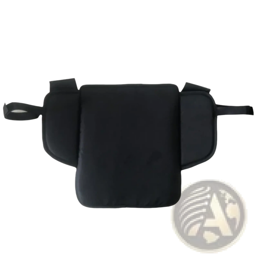 Black padded universal stroller extension footrest with two side pockets and adjustable straps for infant comfort