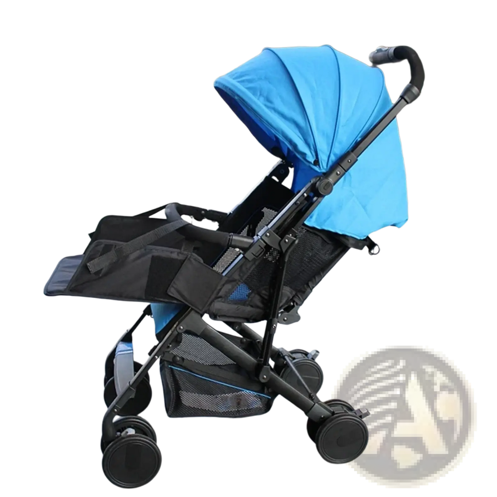 Blue and black foldable stroller with canopy mesh storage compartments and four wheels showing universal stroller extension footrest