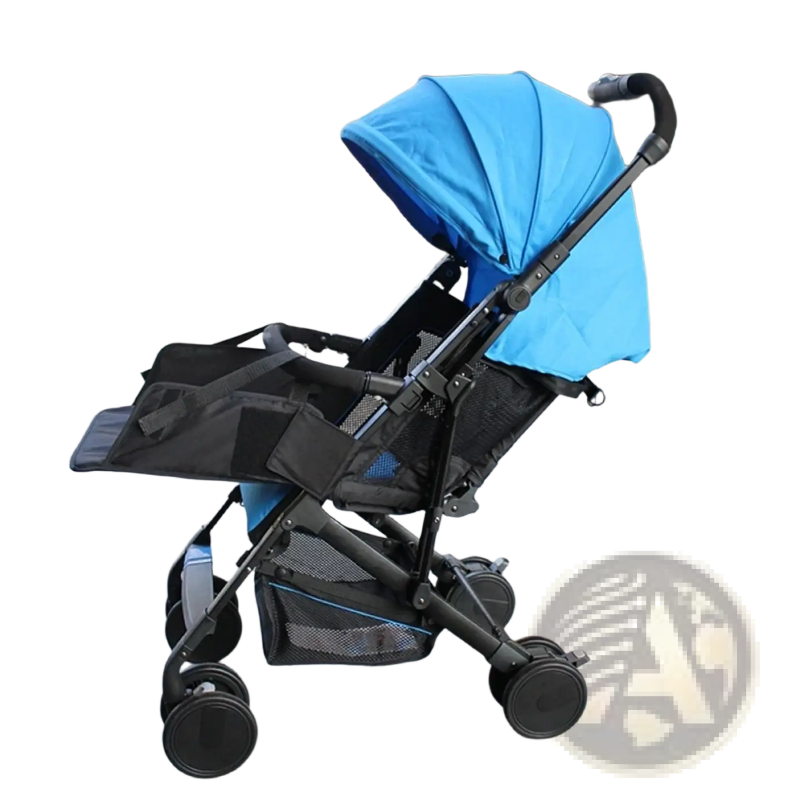 Blue and black foldable stroller with canopy mesh storage compartments and four wheels showing universal stroller extension footrest