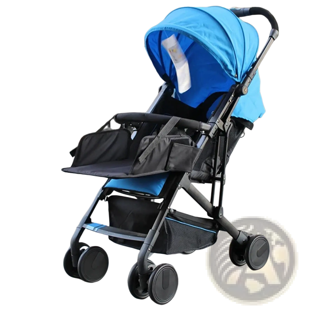 Blue and black foldable universal stroller extension footrest with canopy storage basket and multiple pockets