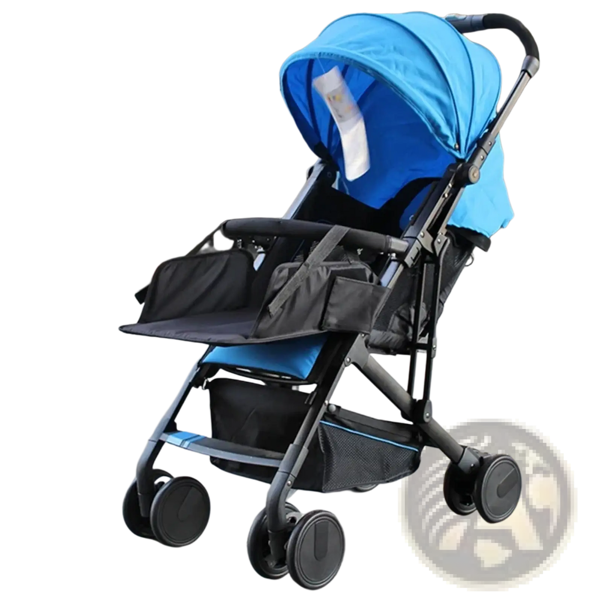 Blue and black foldable universal stroller extension footrest with canopy storage basket and multiple pockets