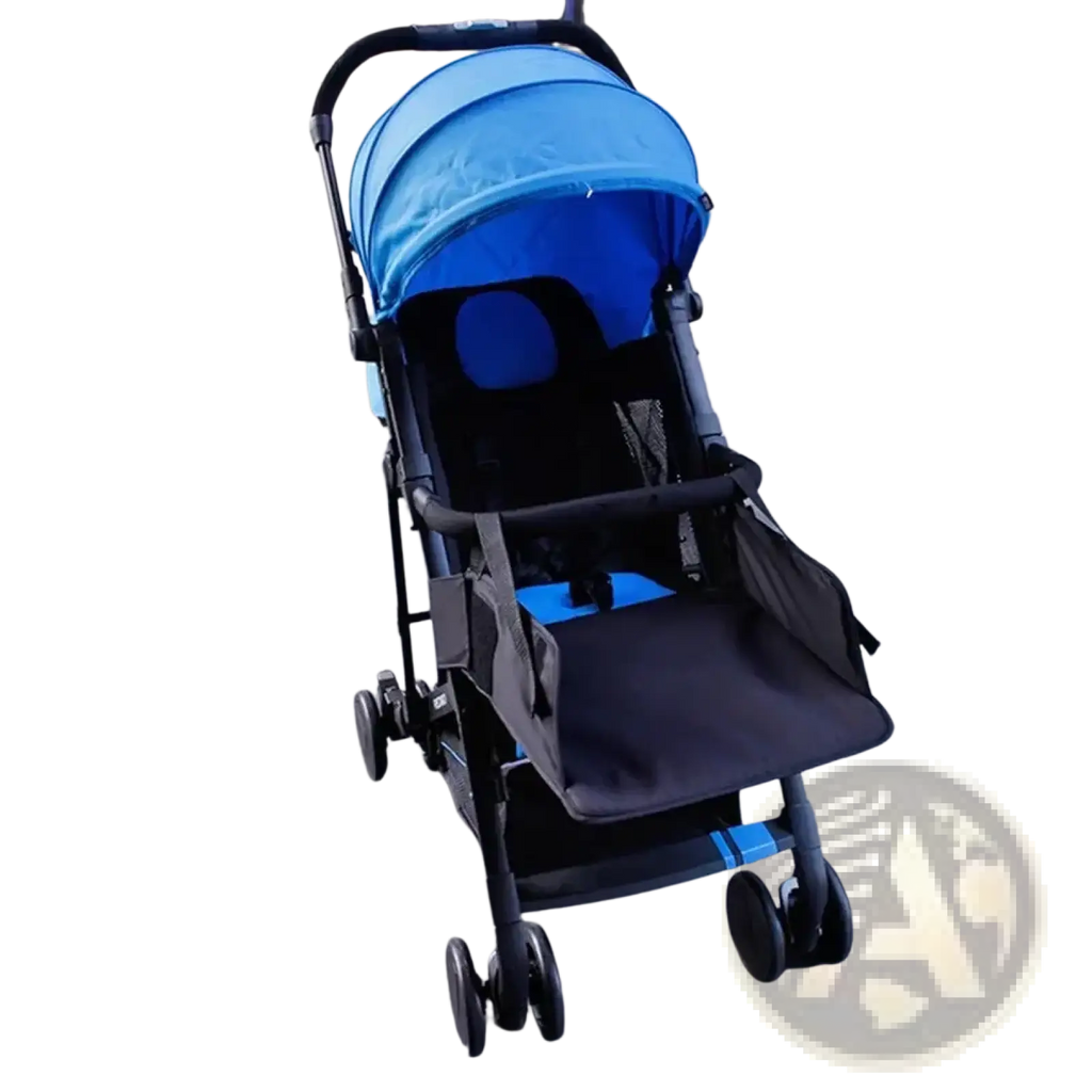 Blue canopy universal stroller extension footrest with black frame and wheels for infant comfort and support