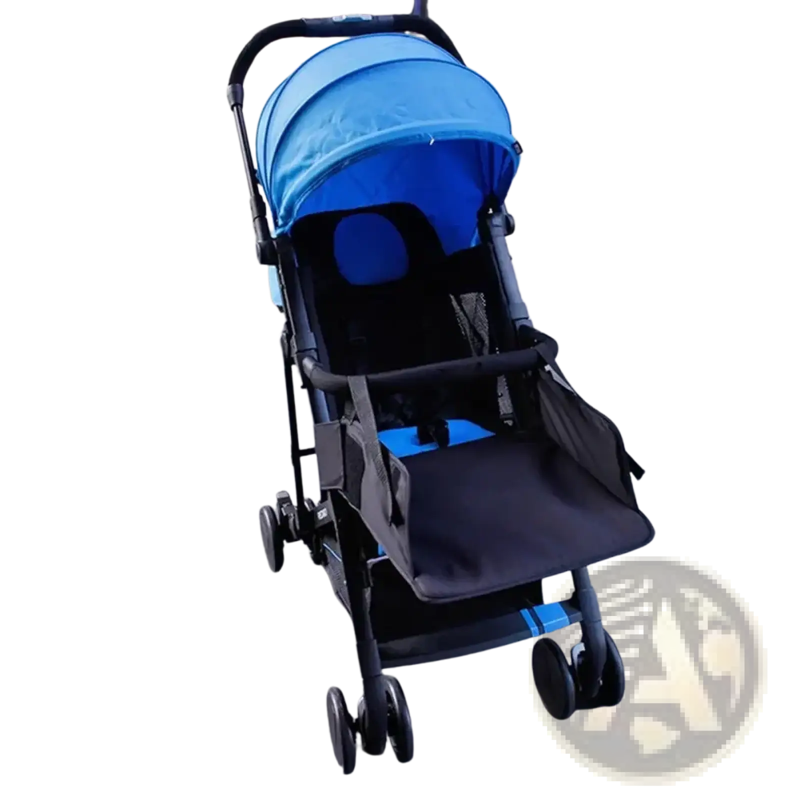 Blue canopy universal stroller extension footrest with black frame and wheels for infant comfort and support