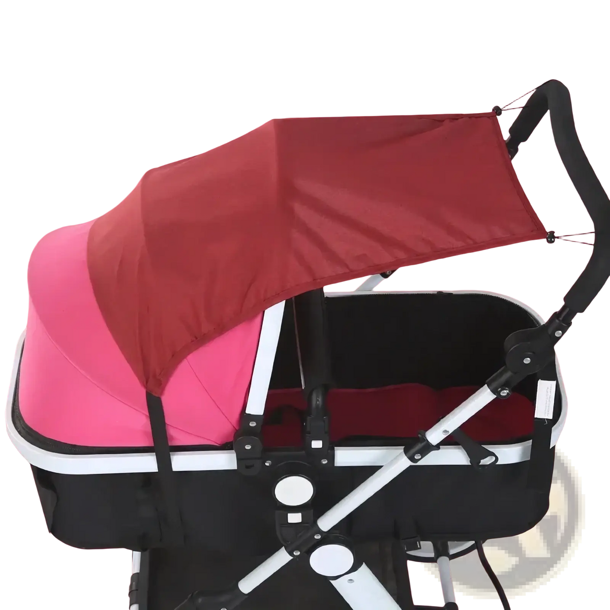 Red fabric universal stroller sun shade upf50 canopy attached to black and white stroller frame in front view