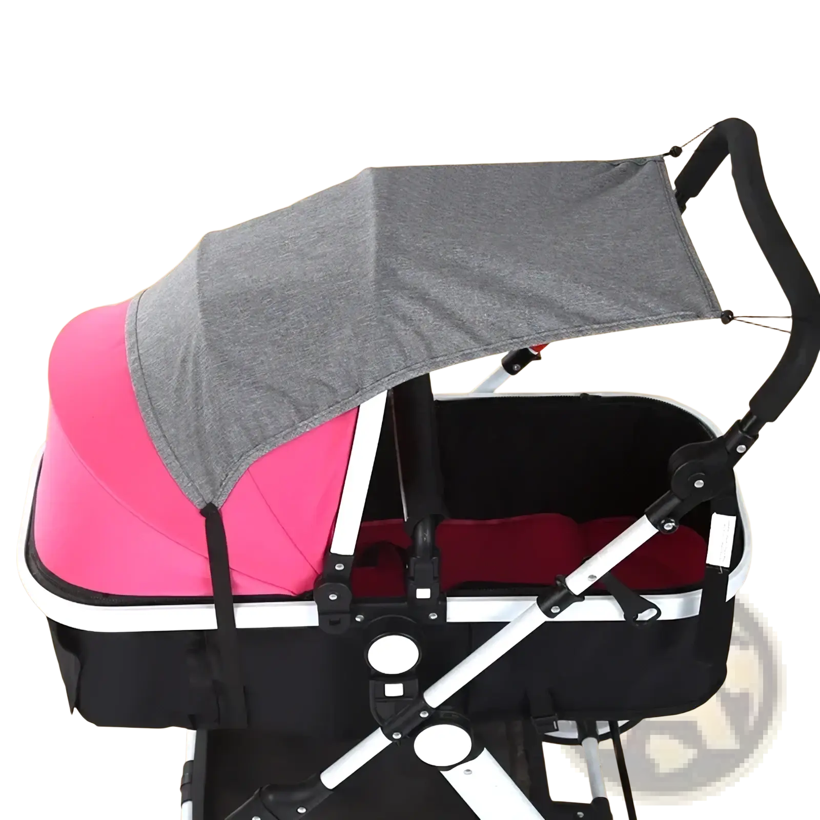 Pink and black baby stroller with grey fabric universal stroller sun shade upf50 canopy visible from the back side