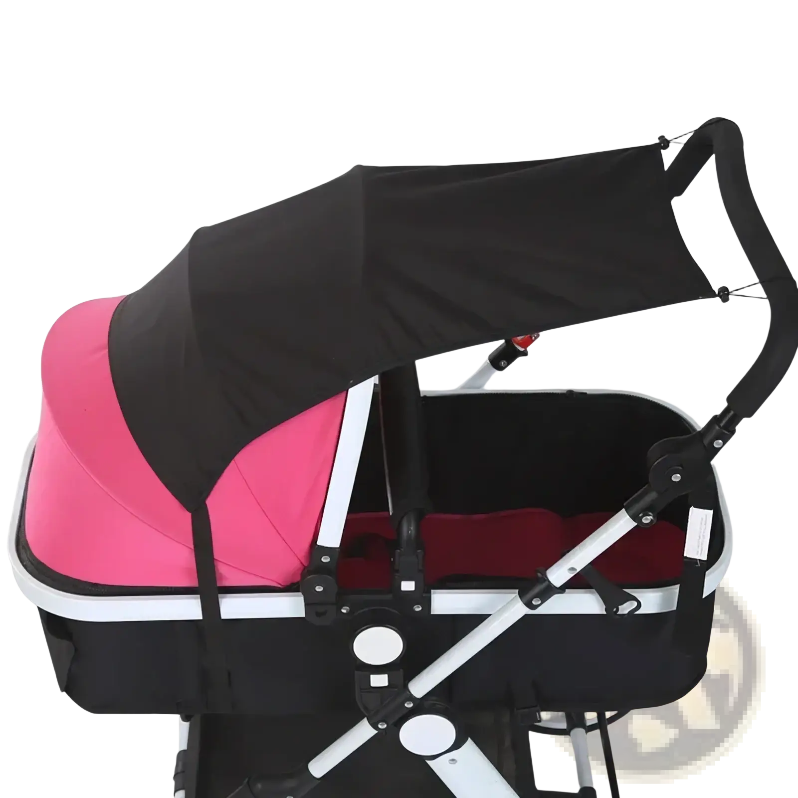 Pink and black universal stroller with a retractable UPF50 sun shade canopy shown from the back side