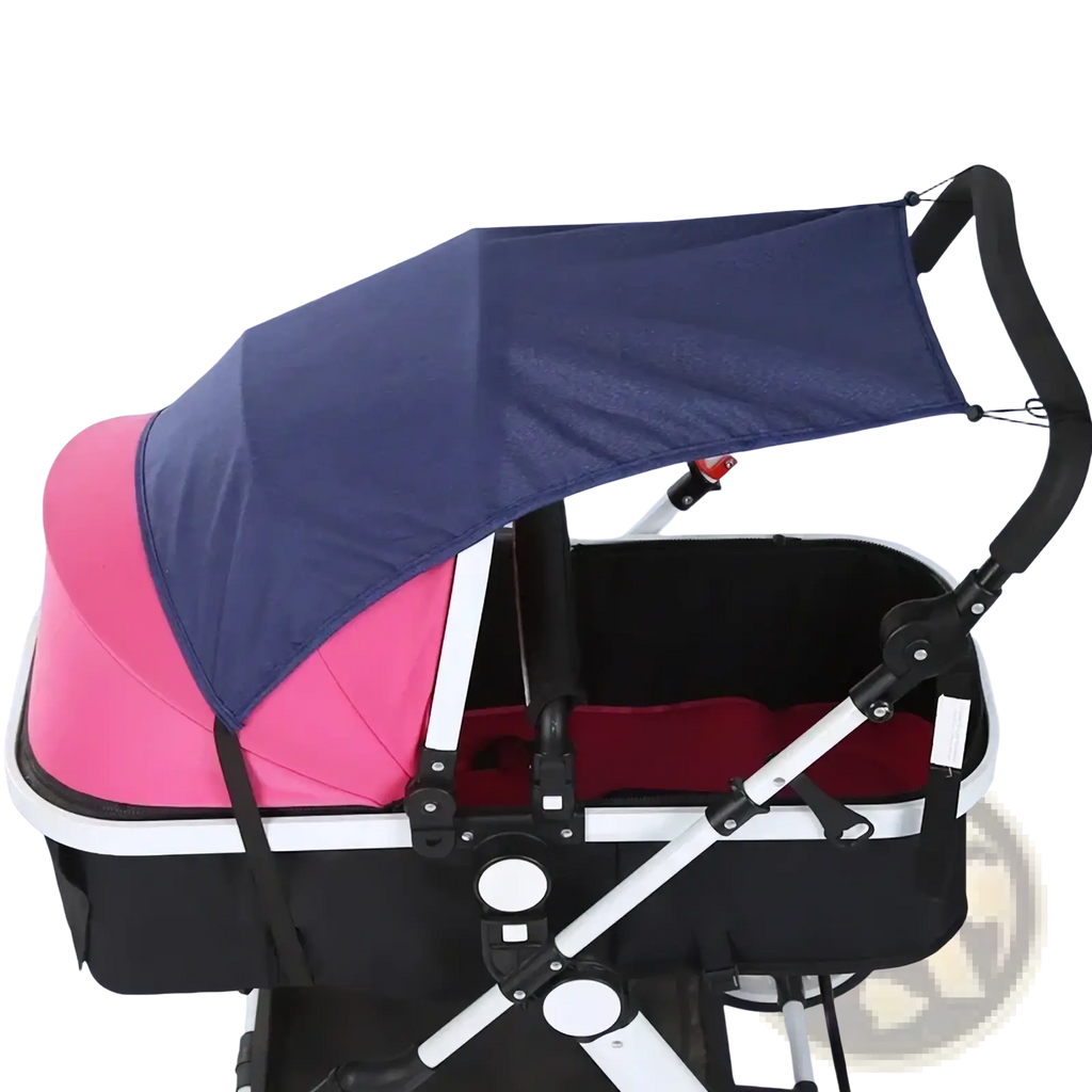 Navy blue fabric universal stroller sun shade canopy with UPF50 protection attached to stroller frame