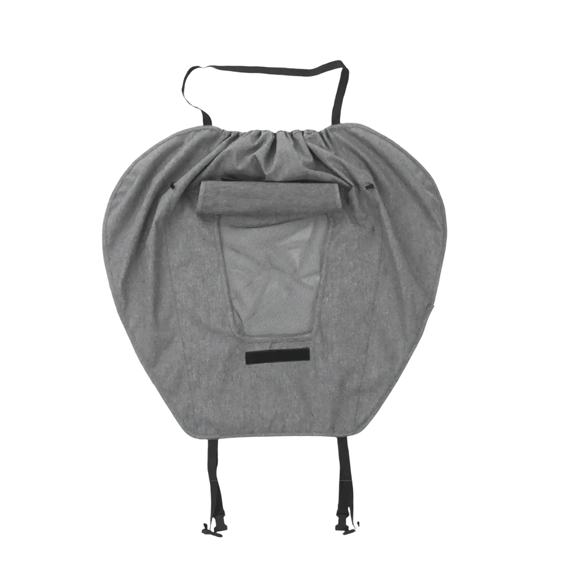 Gray fabric baby carrier with mesh panel and black drawstring straps shown from back for universal stroller sun shade upf50 canopy
