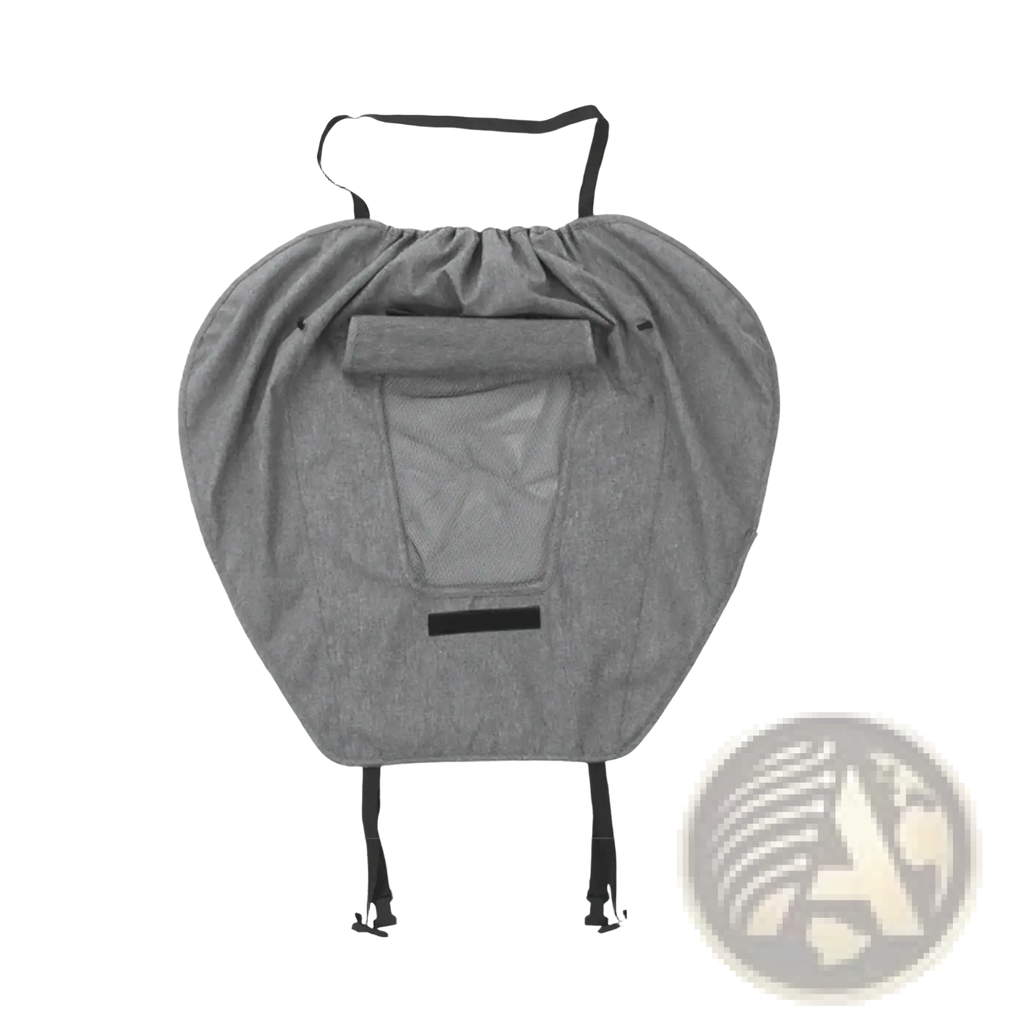 Gray fabric baby carrier with mesh panel and black drawstring straps shown from back for universal stroller sun shade upf50 canopy