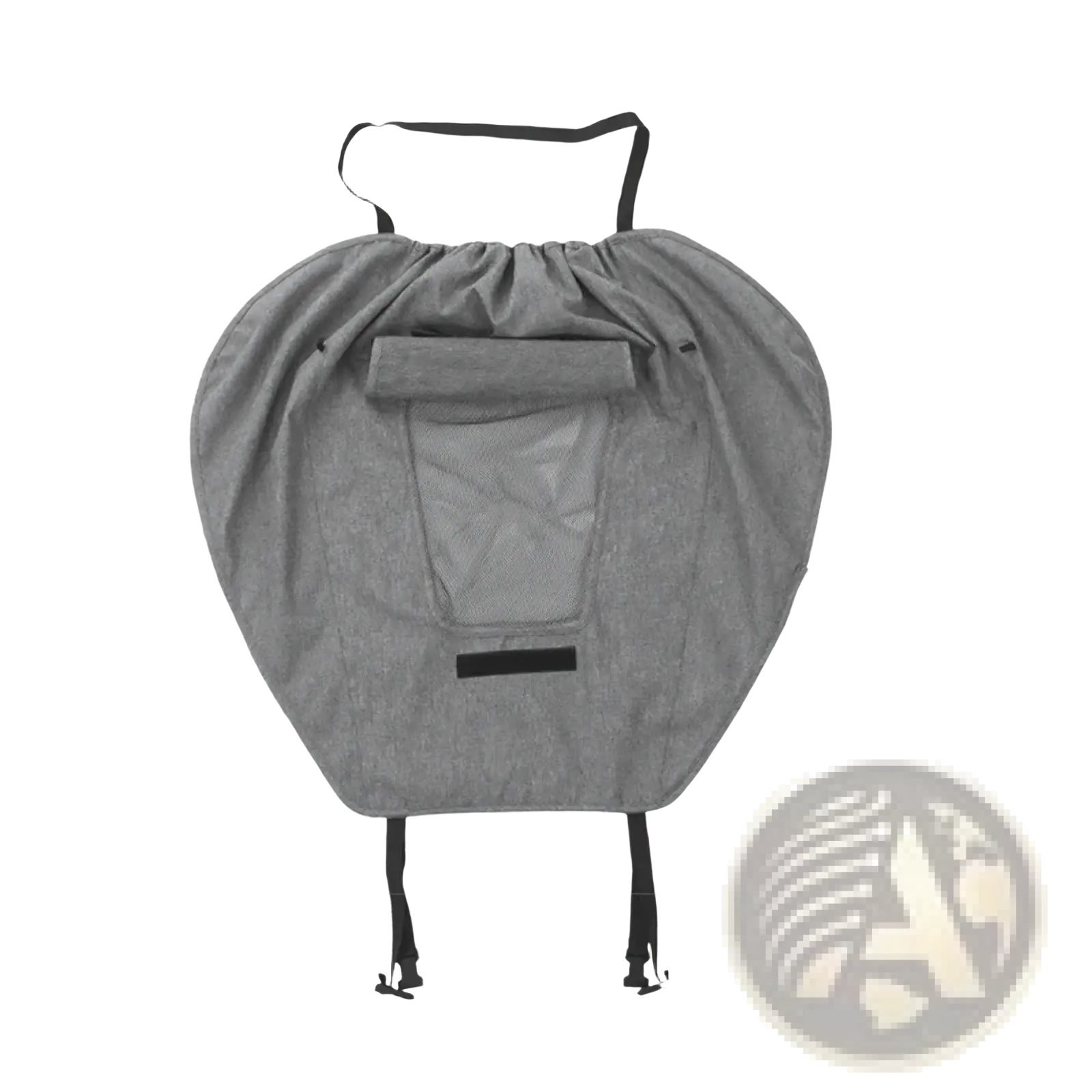 Gray fabric baby carrier with mesh panel and black drawstring straps shown from back for universal stroller sun shade upf50 canopy