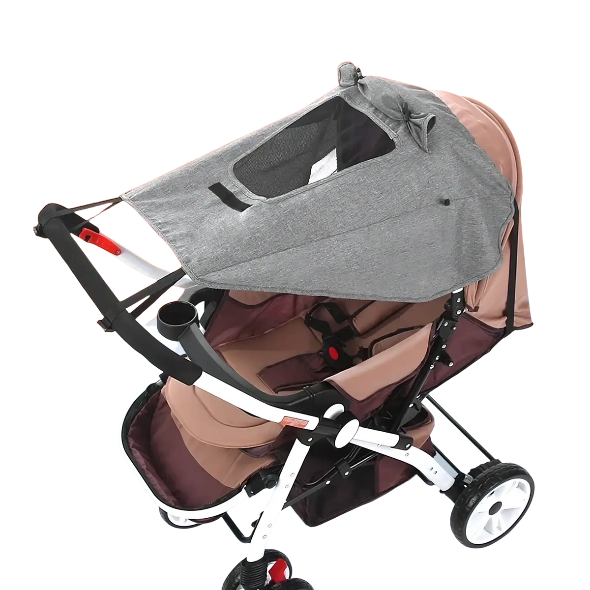 Gray mesh universal stroller sun shade upf50 canopy with bow detail and black straps attached to stroller frame