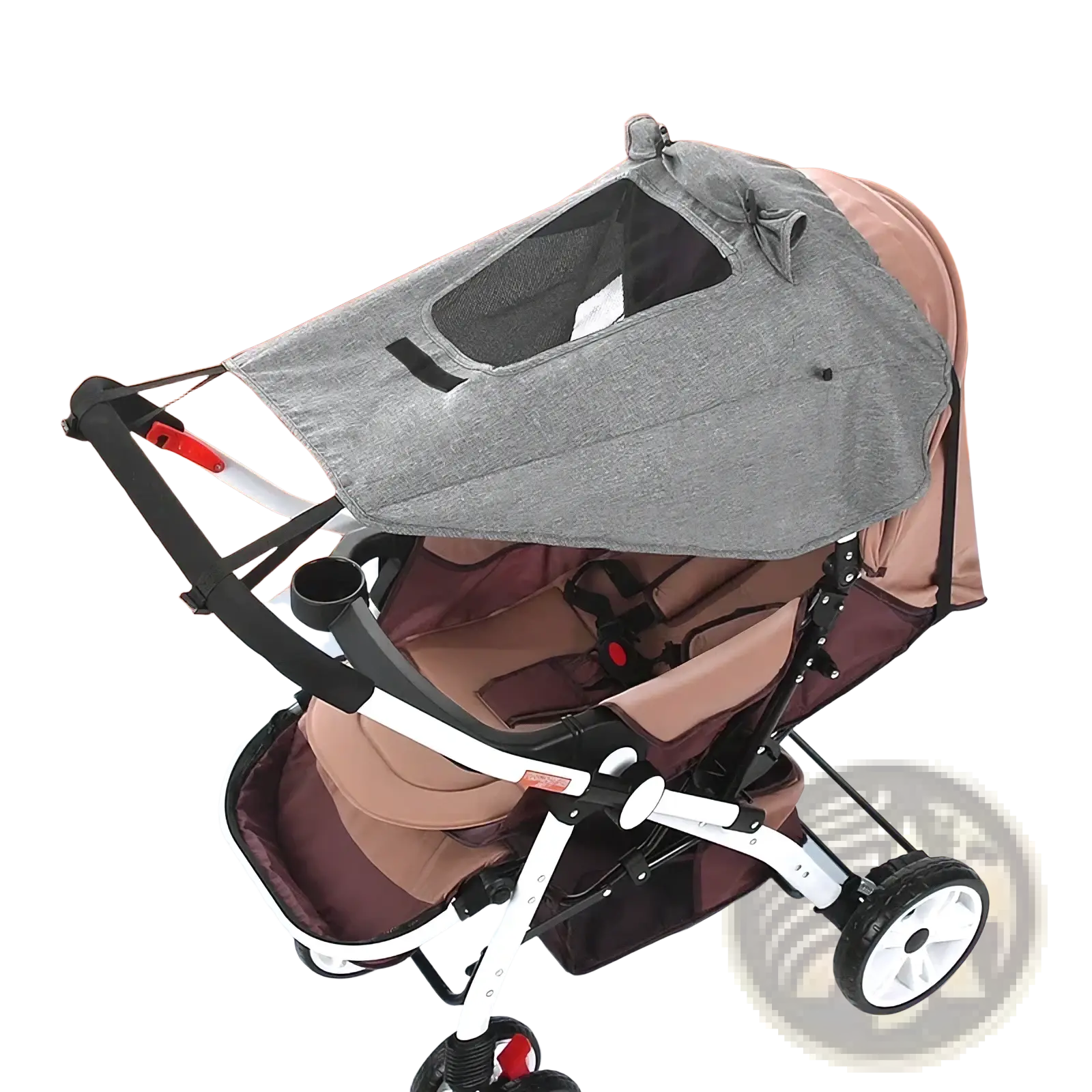 Gray mesh universal stroller sun shade upf50 canopy with bow detail and black straps attached to stroller frame