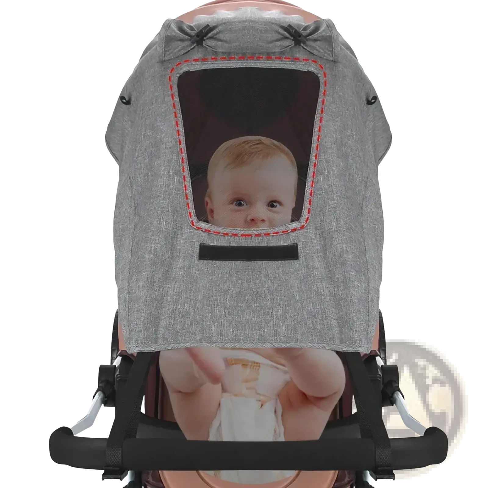 Gray textured fabric universal stroller sun shade canopy with red-stitched window and black trim