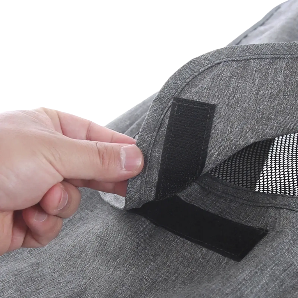 Gray textured fabric universal stroller sun shade upf50 canopy with black velcro straps and mesh panel visible