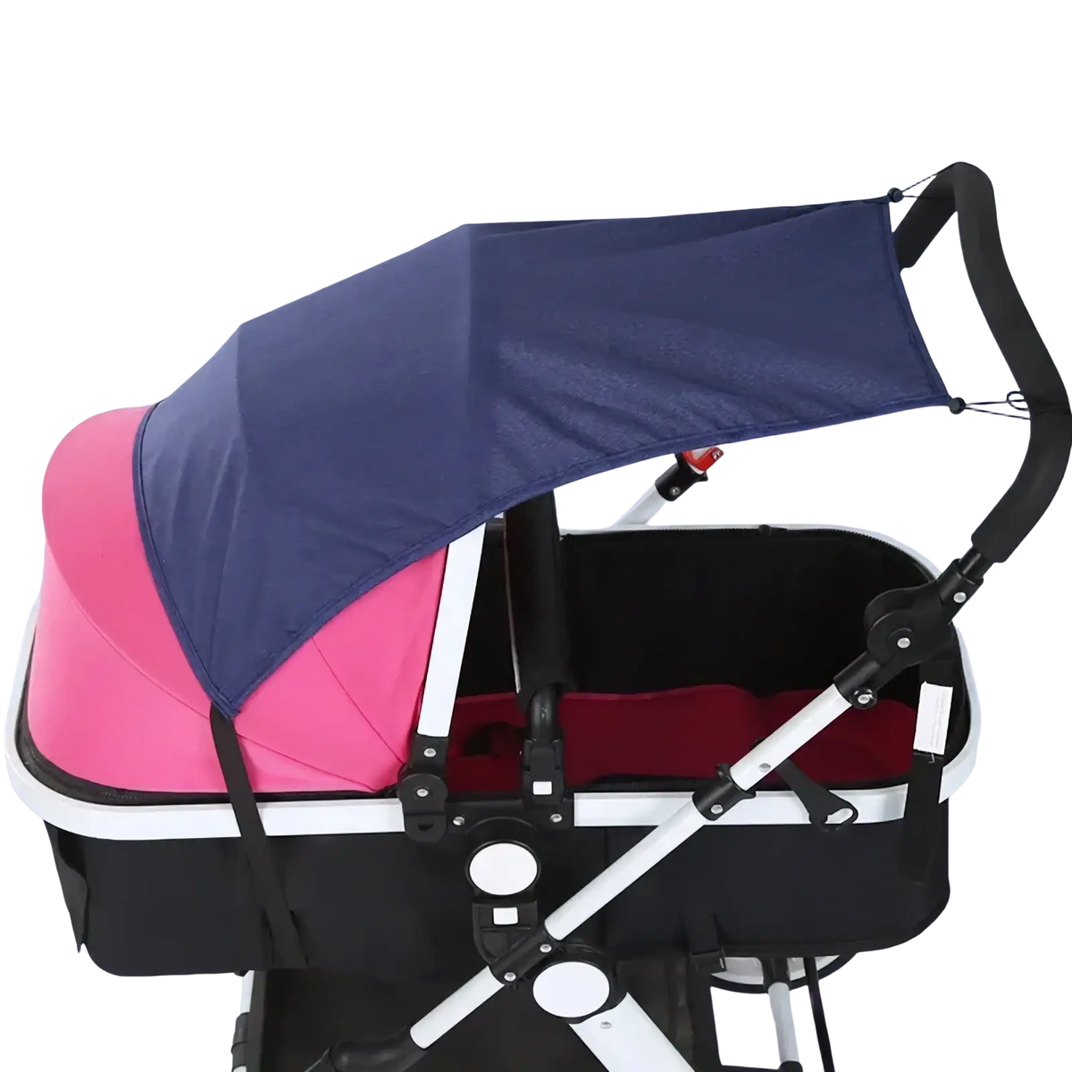 Navy blue fabric universal stroller sun shade canopy with UPF50 protection attached to stroller frame