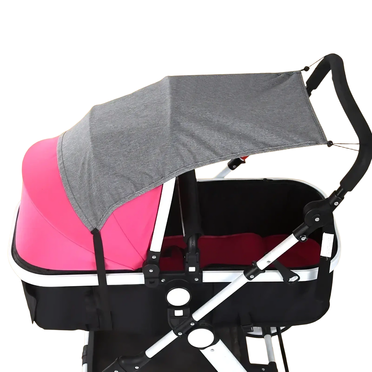 Pink and black baby stroller with grey fabric universal stroller sun shade upf50 canopy visible from the back side
