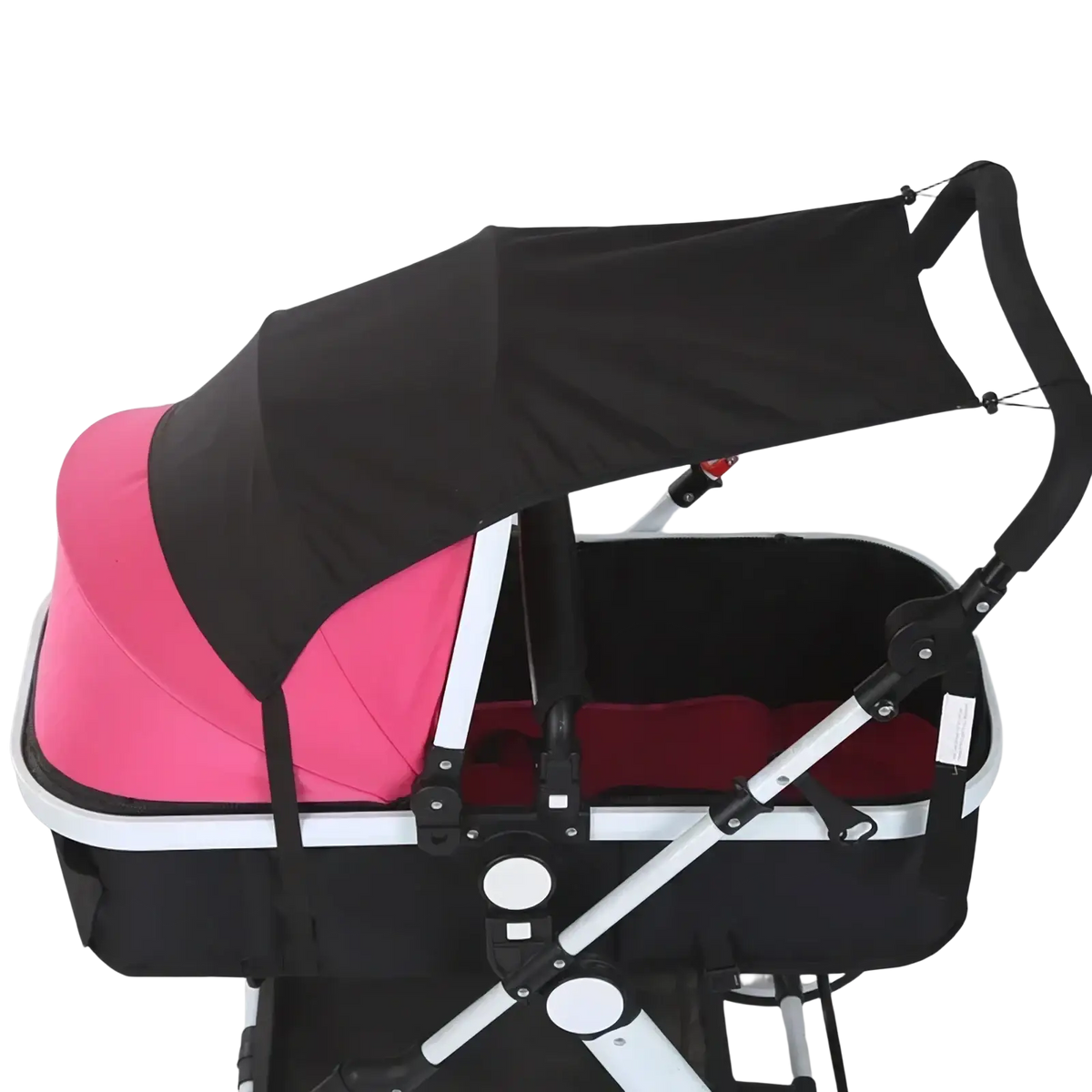Pink and black universal stroller with a retractable UPF50 sun shade canopy shown from the back side