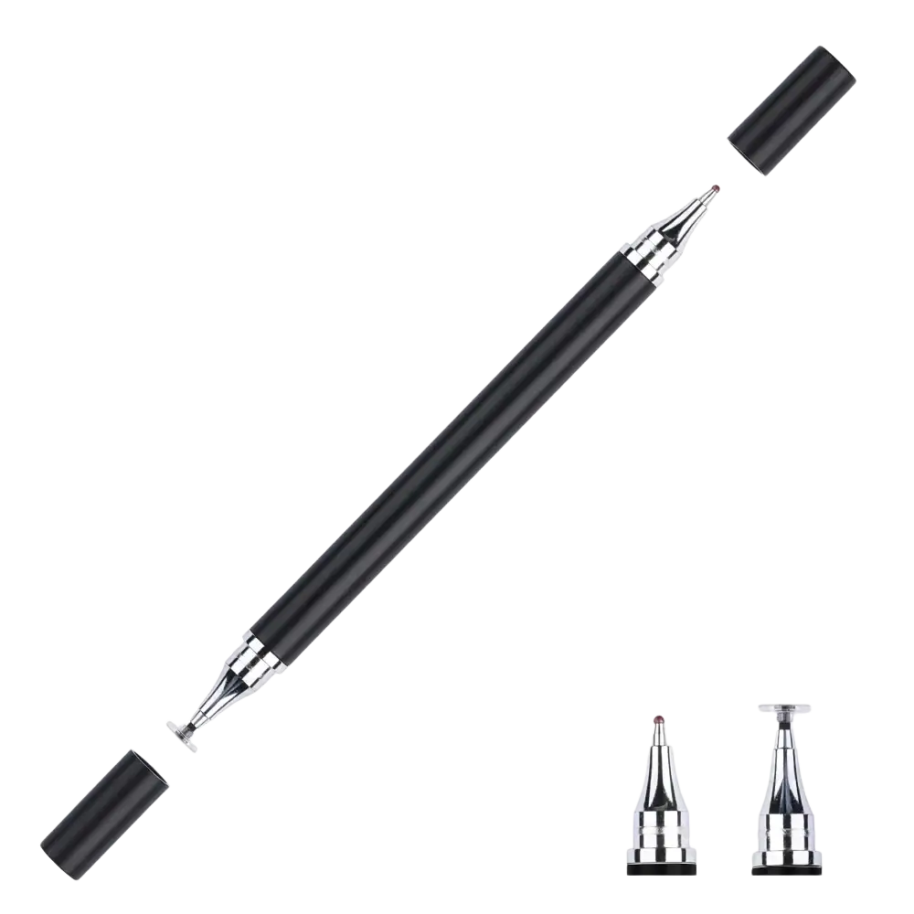 Black universal stylus pen with silver metallic tips and caps featuring a sleek ergonomic design for touchscreen devices