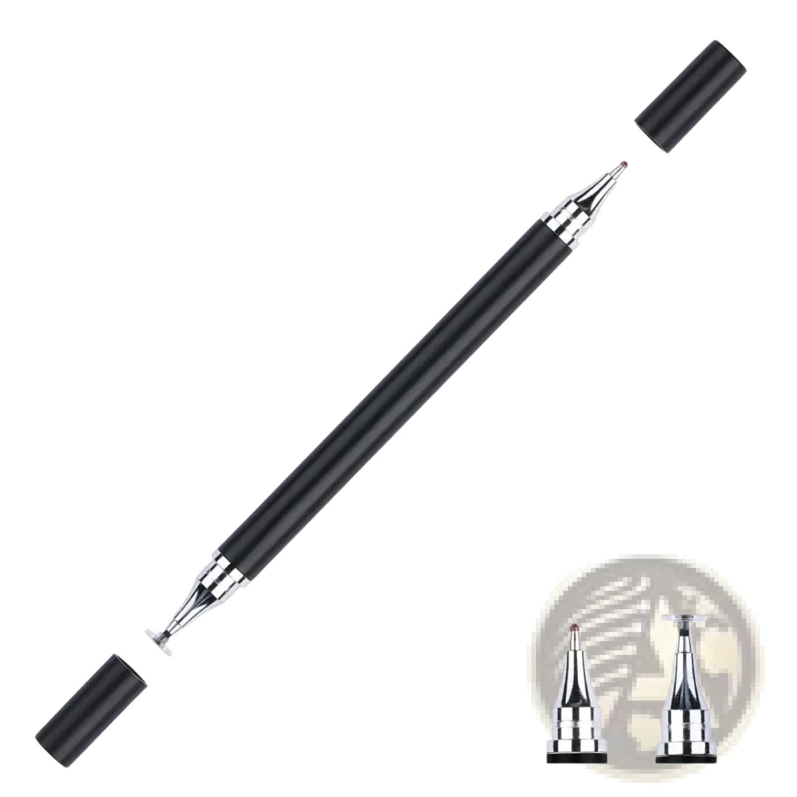 Black universal stylus pen with silver metallic tips and caps featuring a sleek ergonomic design for touchscreen devices