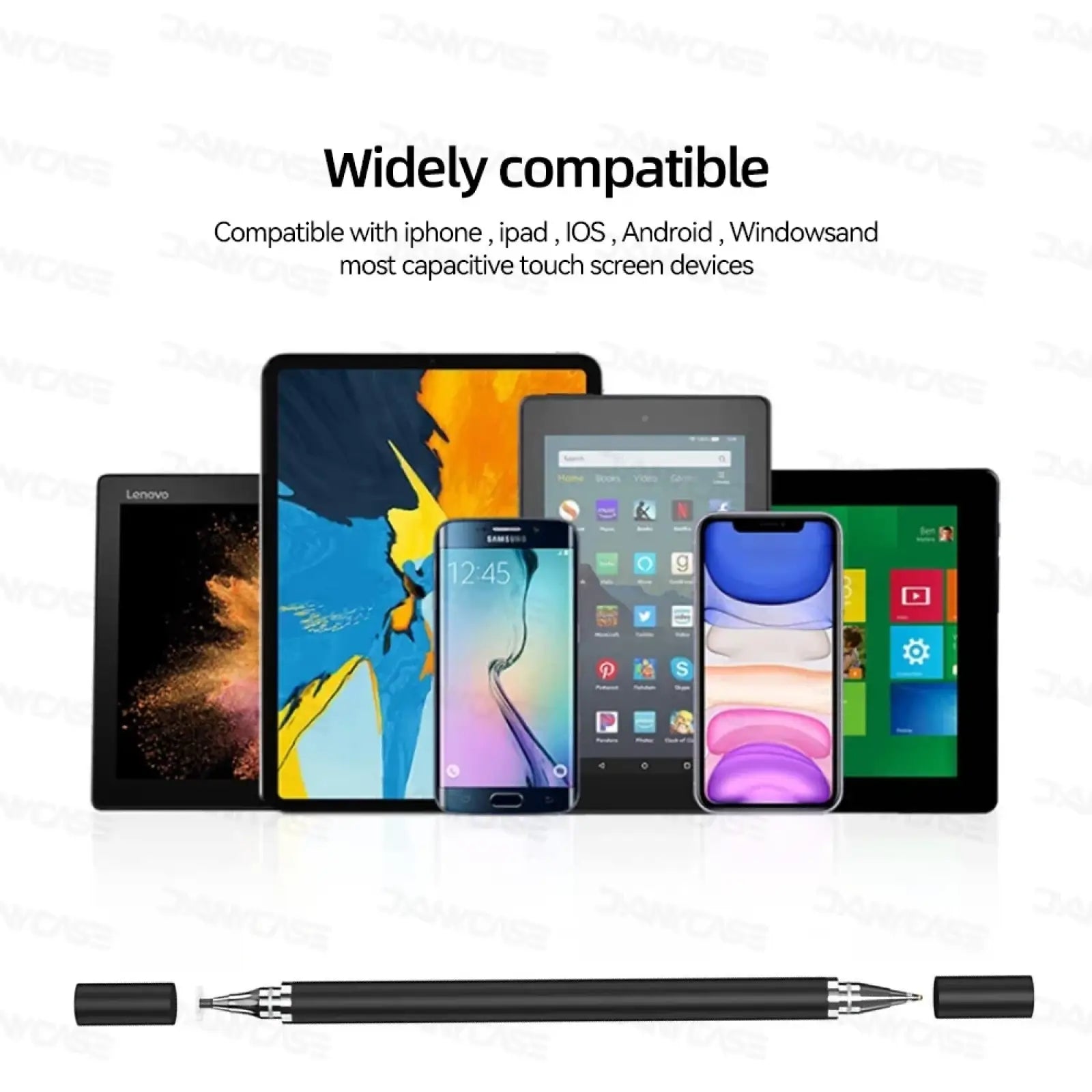 Black universal stylus pen for tablets and smartphones with silver metallic tips and caps made of durable material