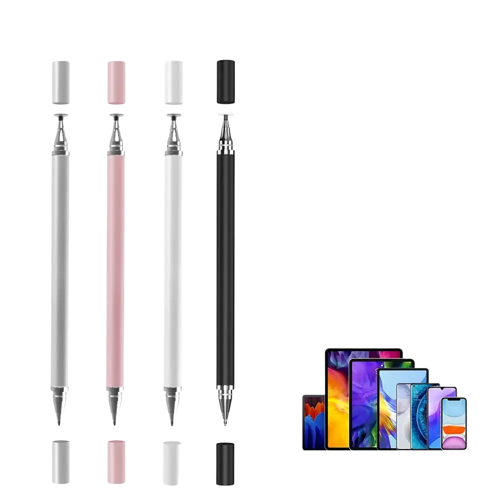 Universal stylus pen 2-in-1 for tablets and smartphones in silver pink white and black with metallic tips and caps