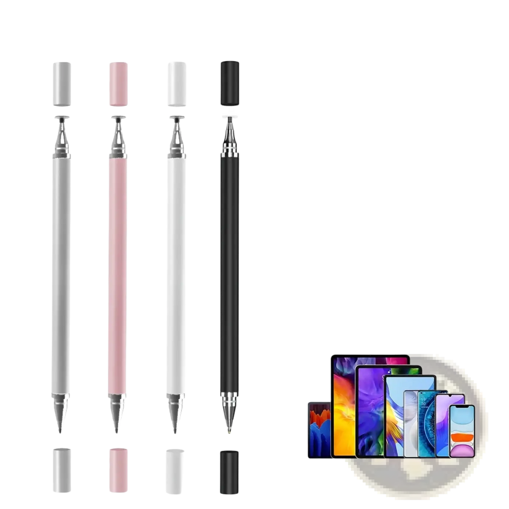Universal stylus pen 2-in-1 for tablets and smartphones in silver pink white and black with metallic tips and caps
