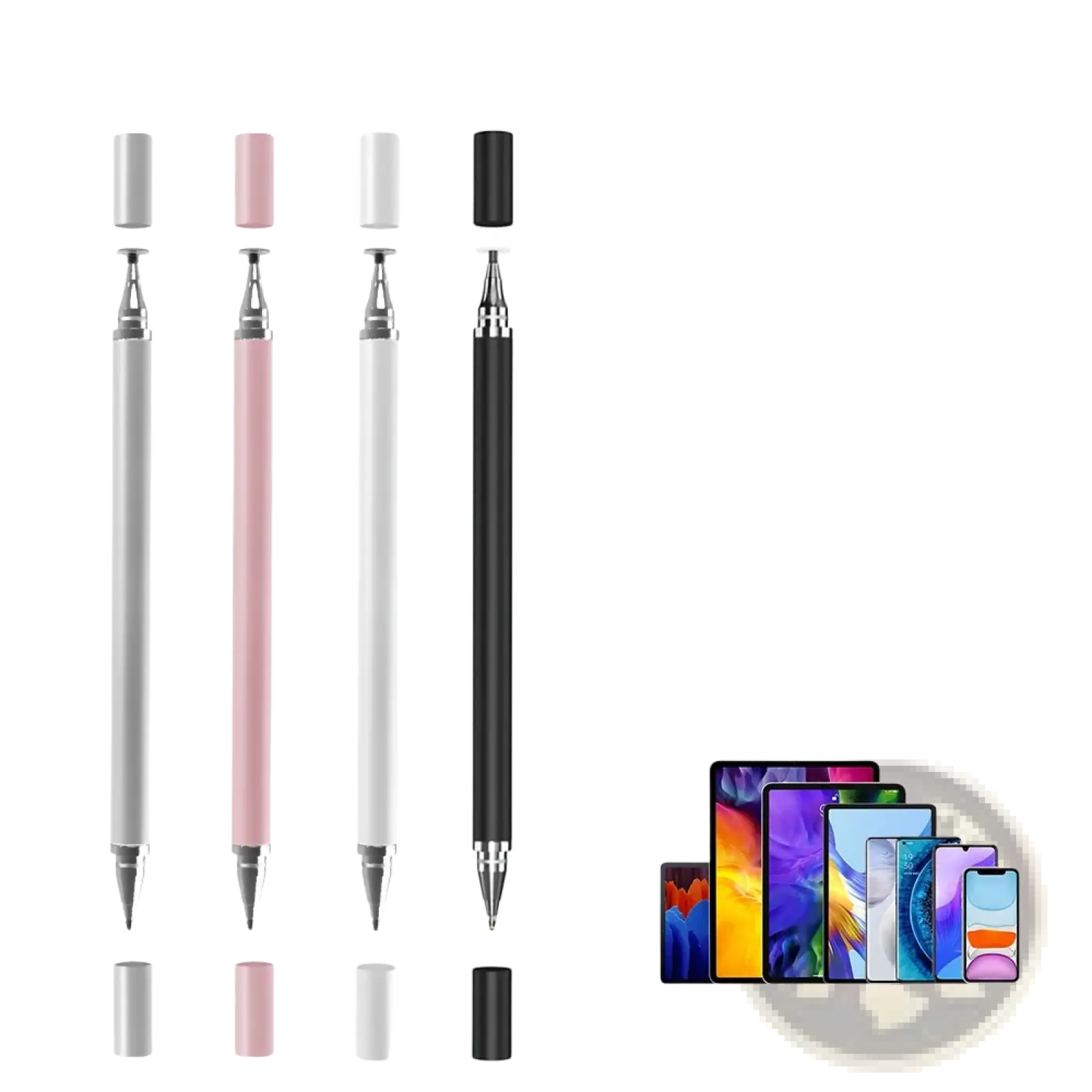 Universal stylus pen 2-in-1 for tablets and smartphones in silver pink white and black with metallic tips and caps