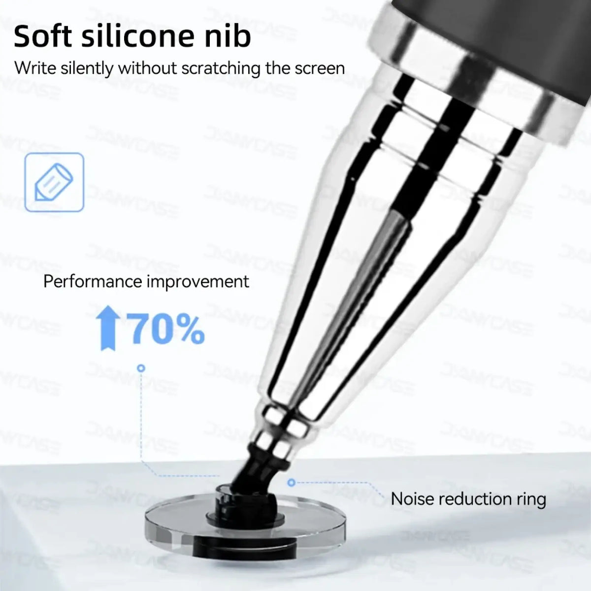 Universal stylus pen for tablets and smartphones with sleek transparent body black silicone nib and metallic accents