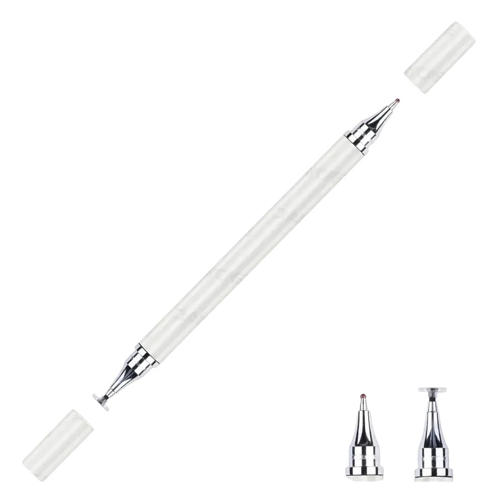 White 1gen universal stylus pen with transparent body and metallic tips for tablets and smartphones