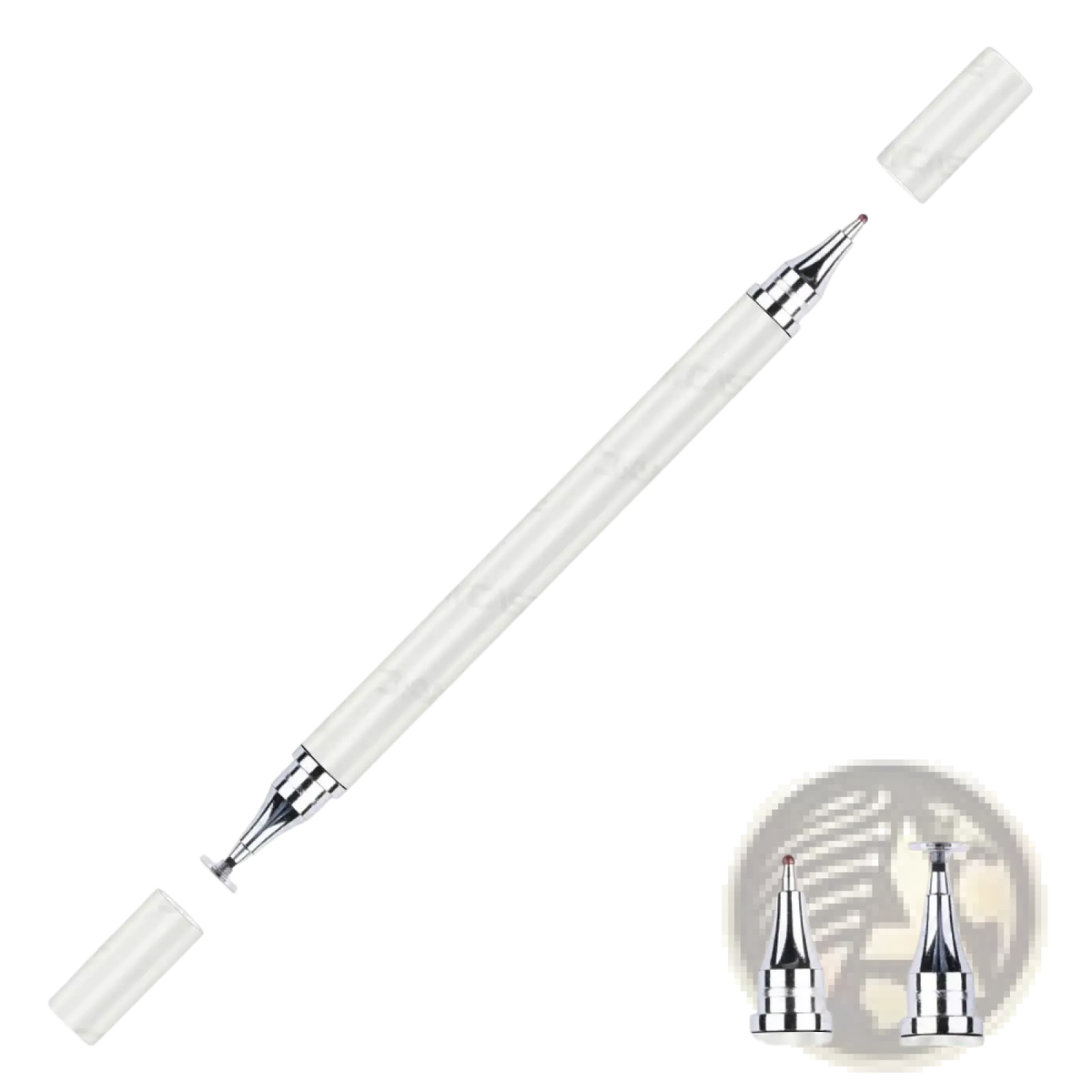 White 1gen universal stylus pen with transparent body and metallic tips for tablets and smartphones