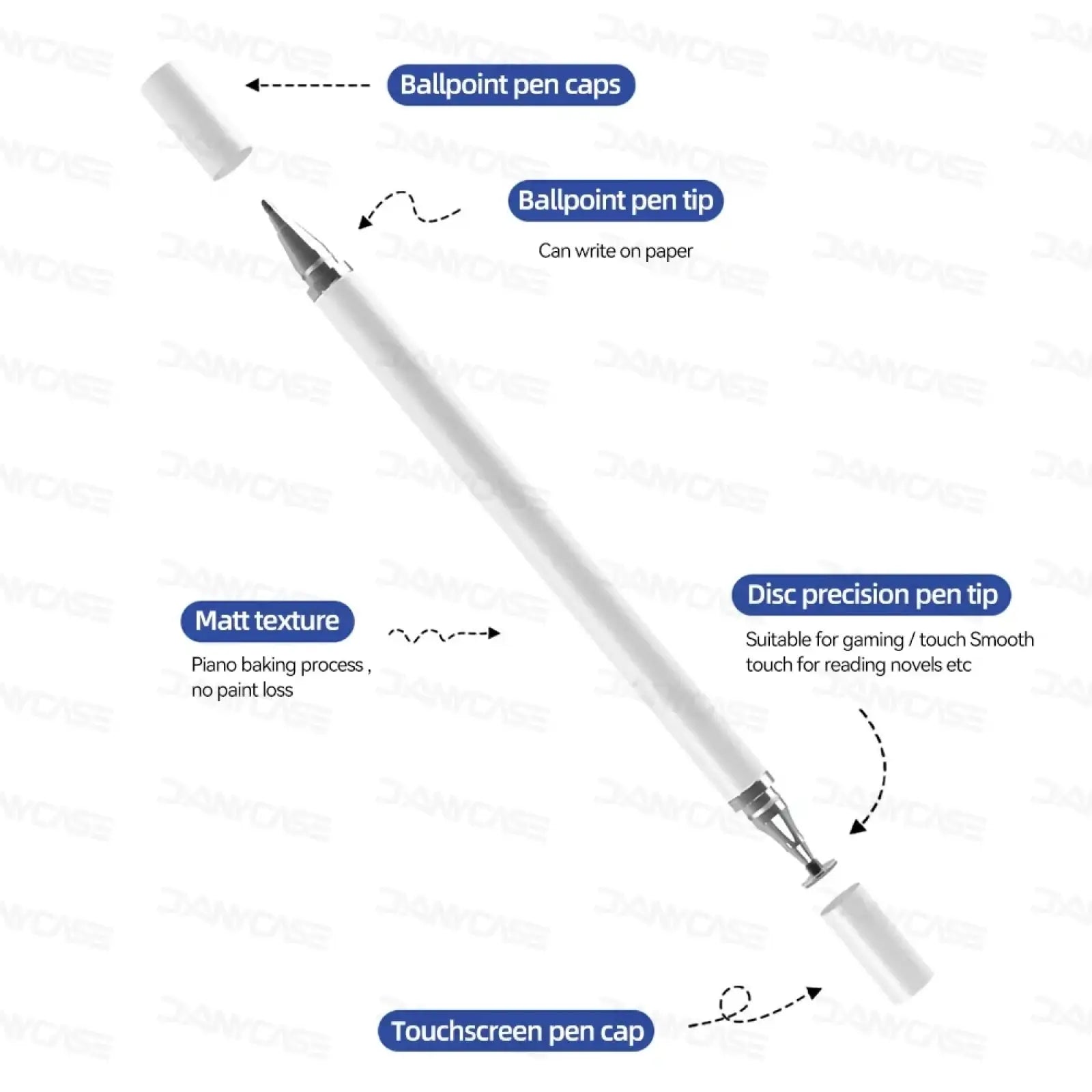 White matte-finish universal stylus pen with interchangeable precision tips for writing and touchscreen use