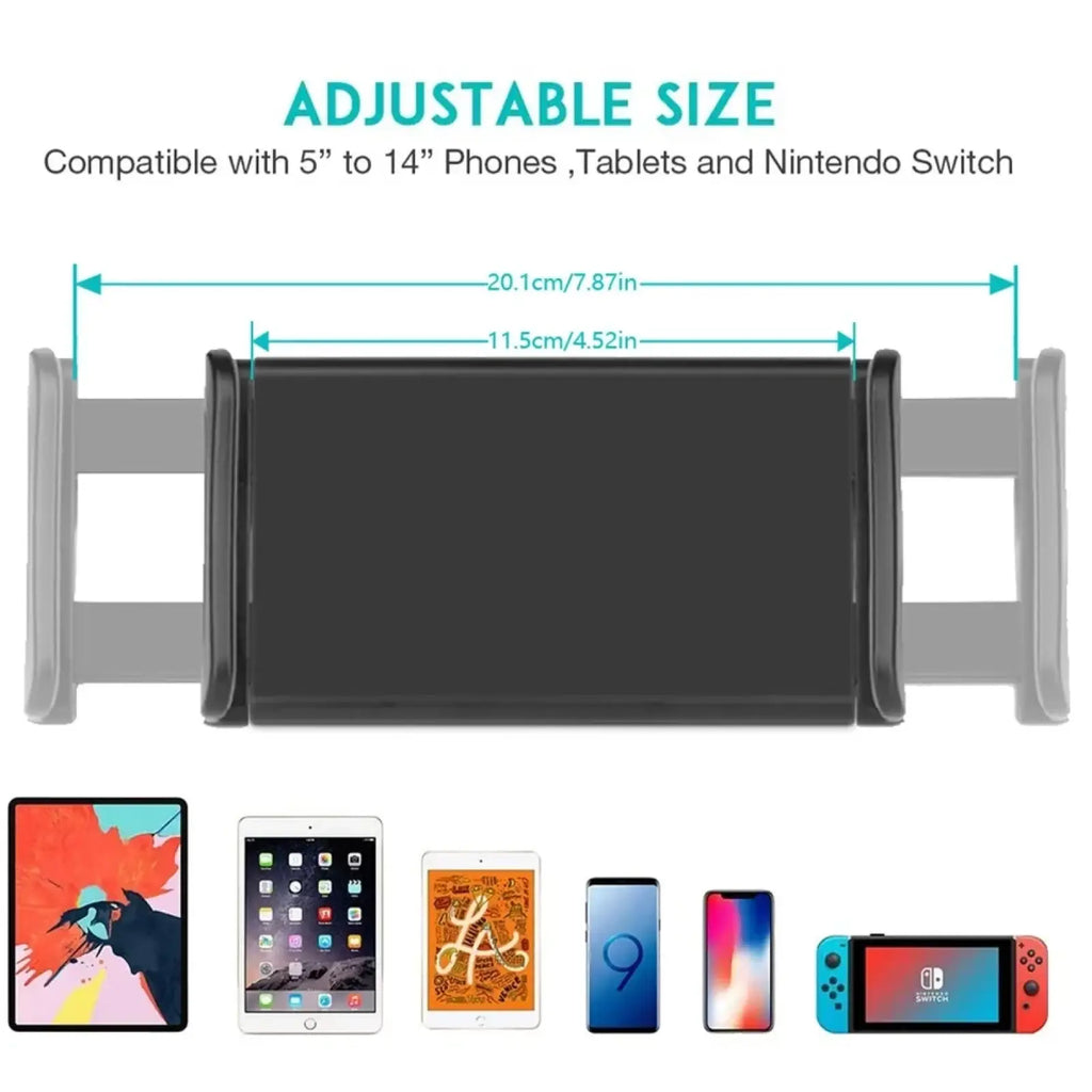 Black adjustable universal tablet clamp mount with gray side grips for 4 to 13 inch devices ranging 5 to 14 inches