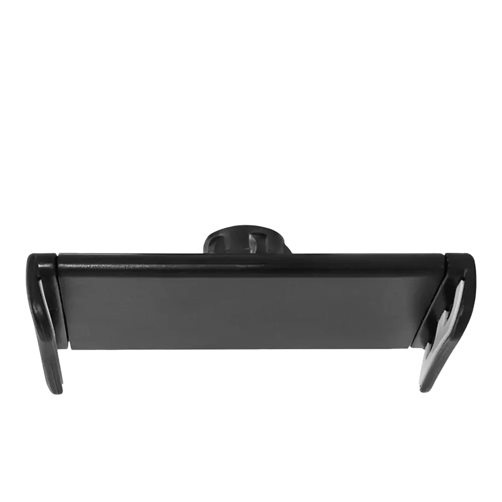 Black plastic universal tablet clamp mount with 17mm hole diameter for 4 to 13 inch devices shown from the back side
