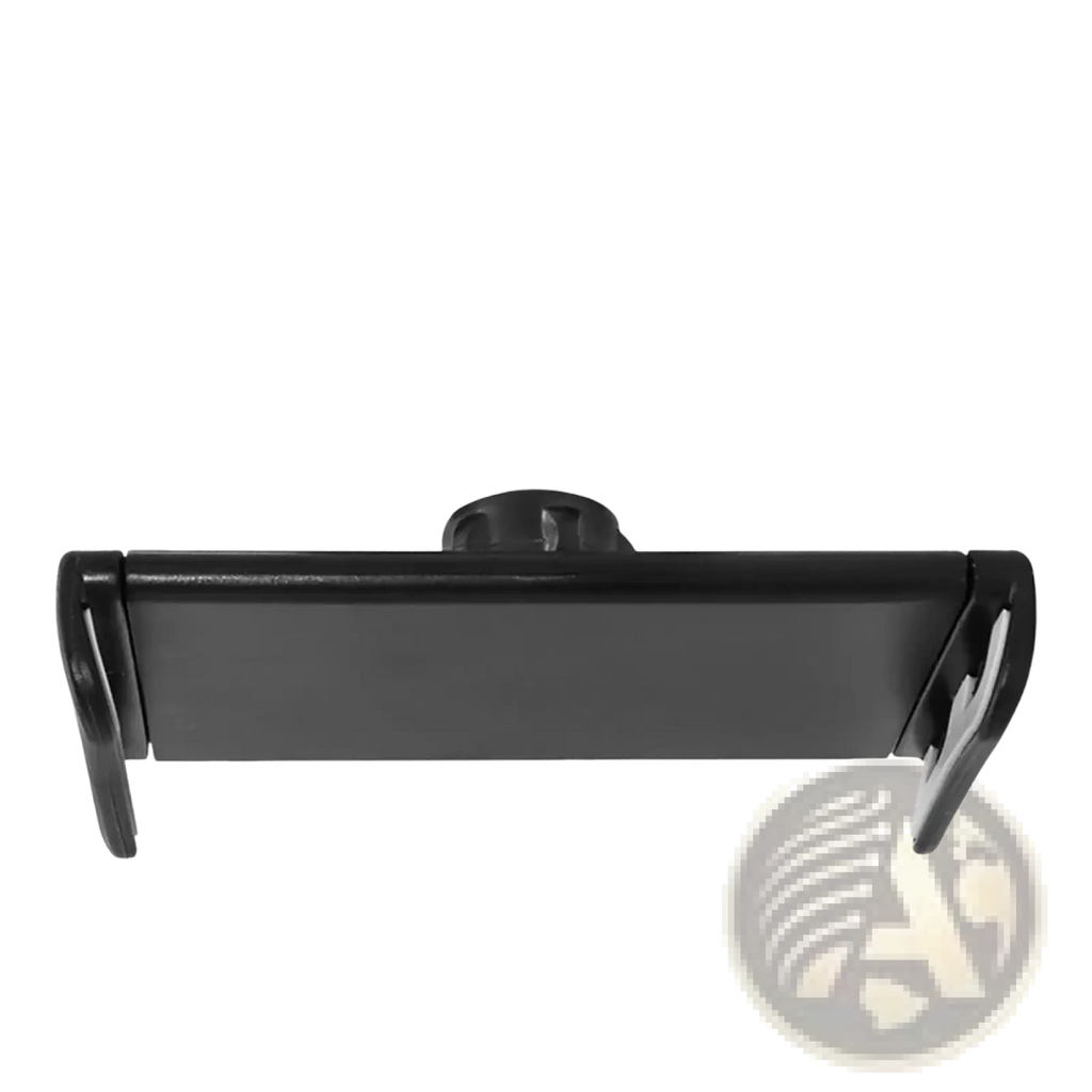 Black plastic universal tablet clamp mount with 17mm hole diameter for 4 to 13 inch devices shown from the back side