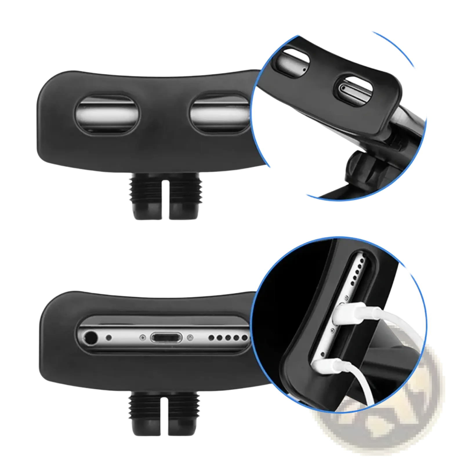Black silicone universal tablet clamp mount with integrated charging port and cable slot for 4 to 13 inch devices