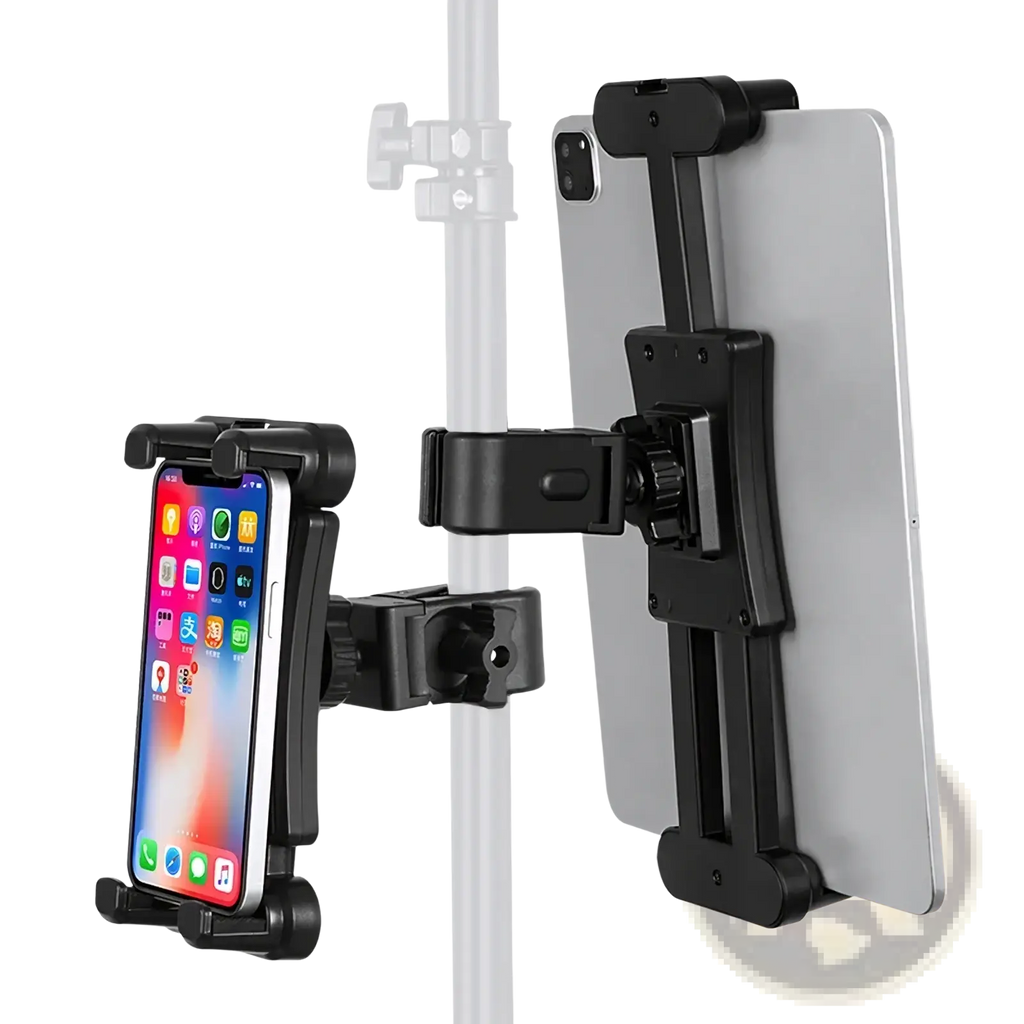Black adjustable universal tablet and phone mount bracket clip system made of durable material for secure device holding