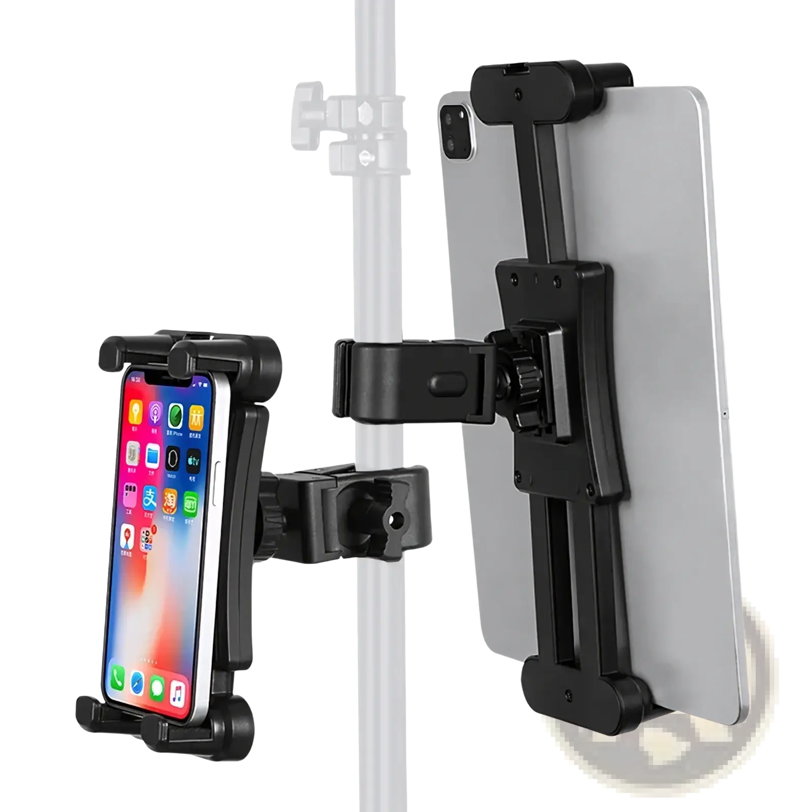 Black adjustable universal tablet and phone mount bracket clip system made of durable material for secure device holding