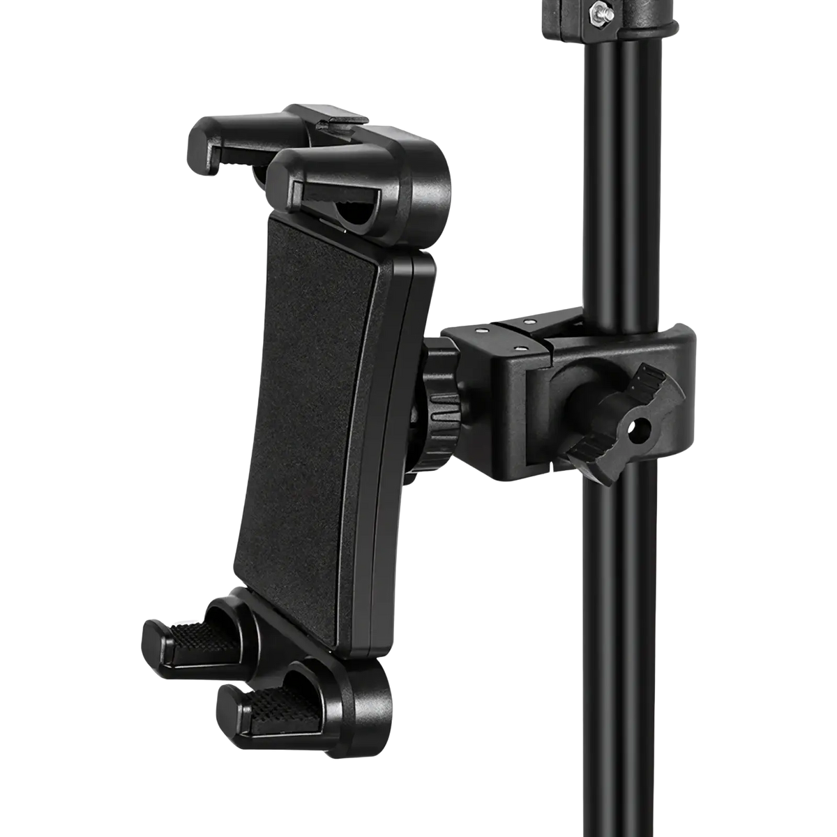Black plastic universal tablet and phone mount bracket clip with adjustable arms and textured grip surface