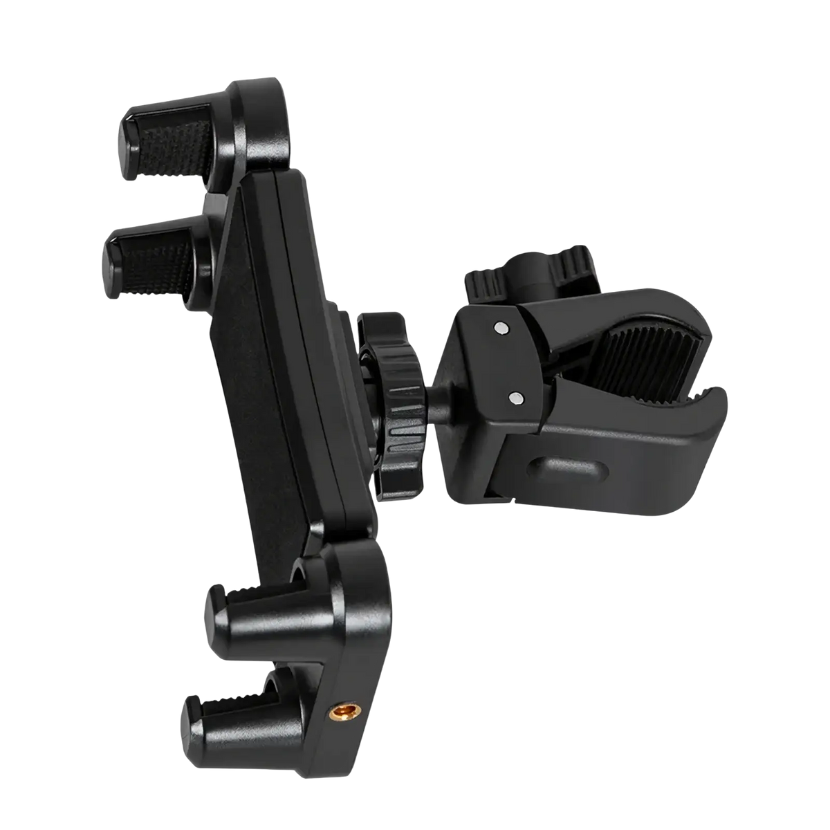 Black plastic universal tablet and phone mount bracket clip with adjustable clamp and swivel joint visible from back side