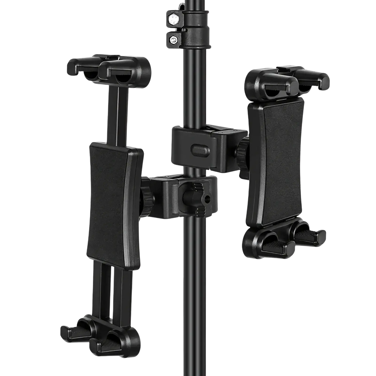 Black plastic universal tablet and phone mount bracket clip with tripod stand for secure device holding