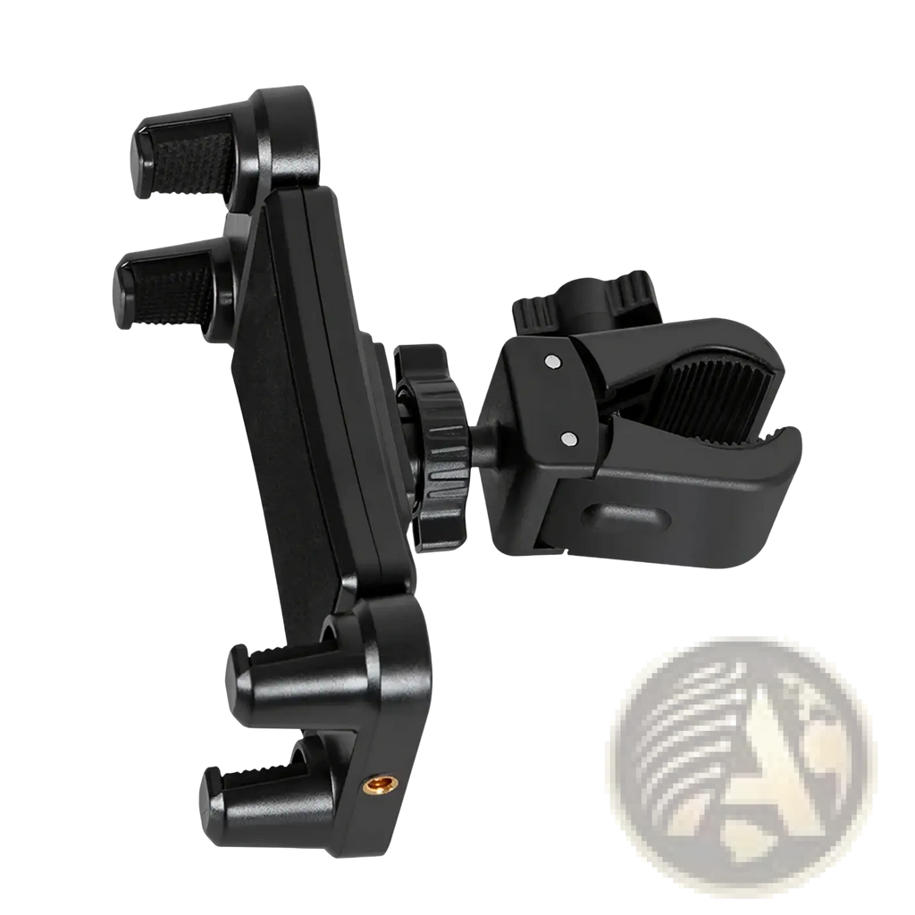 Black plastic universal tablet and phone mount bracket clip with adjustable clamp and swivel joint visible from back side